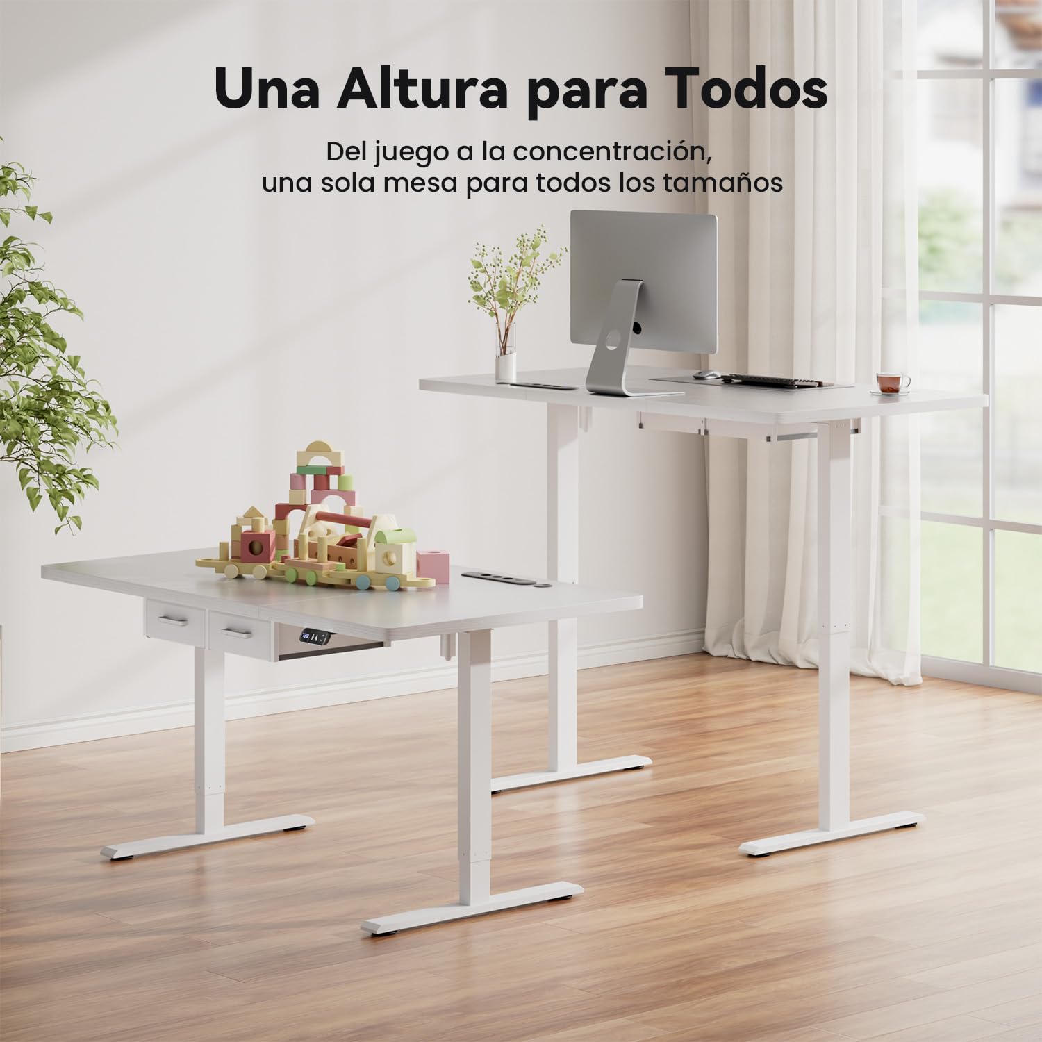 SOLAVERO Escritorio Elevable Electrico 200 x 80 cm, Mesa Escritorio Elevable con Enchufes & Puertos USB-C, Mesa Regulable en Altura con 2 Cajones de Tela, 2 Control Memoria, Standing Desk Blanco