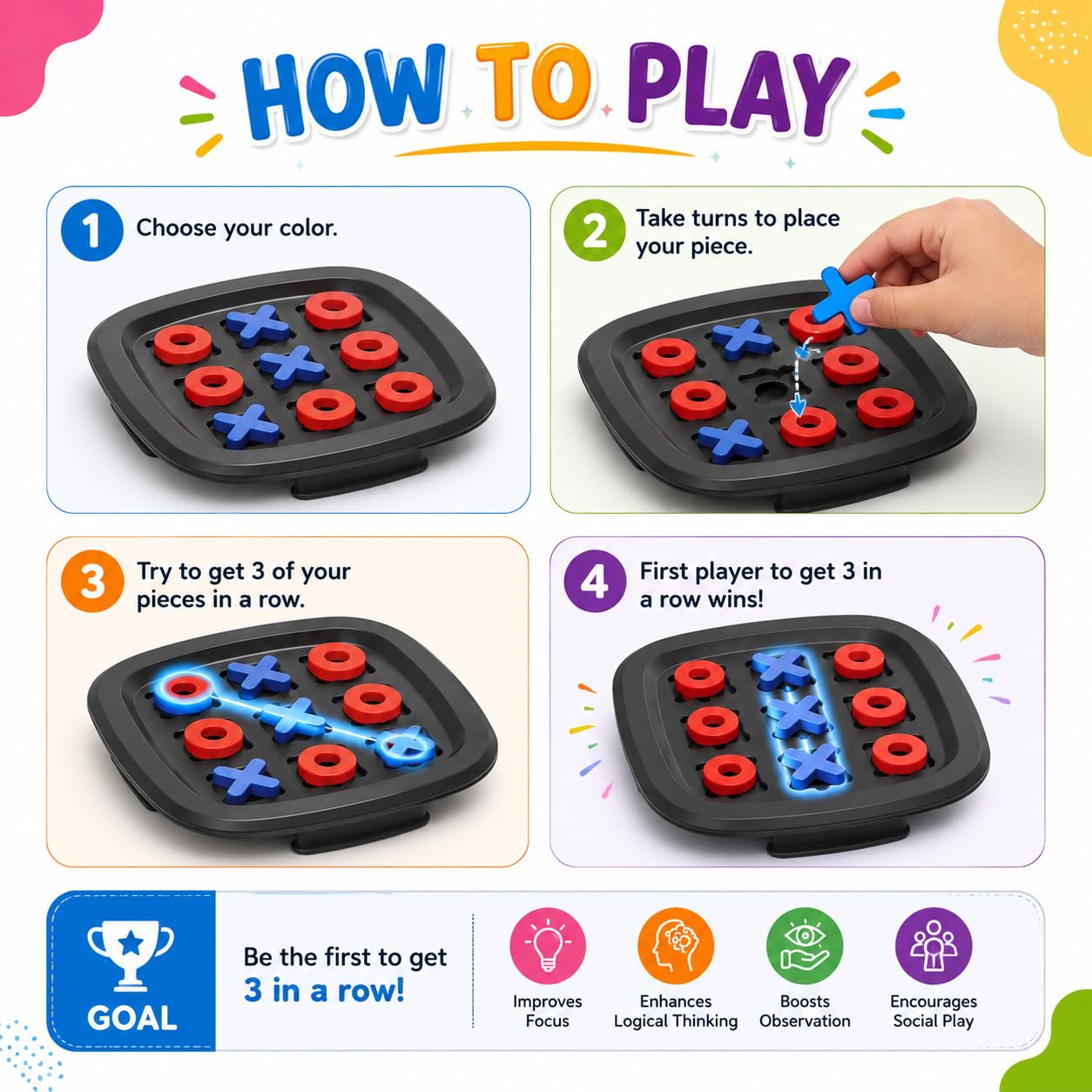 Bloccicraft 2-in-1 Memory Matching & XOX Game for Kids, Montessori Toys with 40 Colorful Sticks & Blocks, Brain Training Board Game for Family Night, Education Toys Age 3,4,5,6,7,8,9,10 Birthday Gift 3