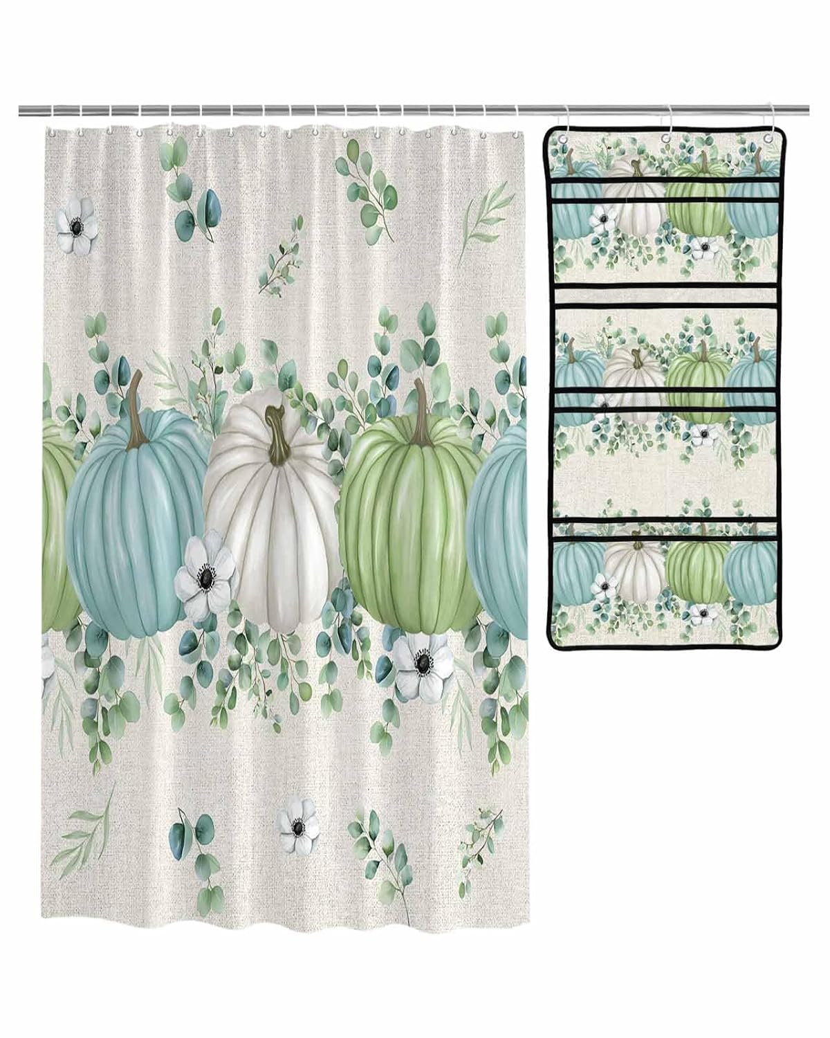 Decorative Shower Curtain Sets Fall Polyester Fabric Waterproof Bath Shower Curtains Thanksgiving Pumpkin Leaves Light Beige Mesh Shower