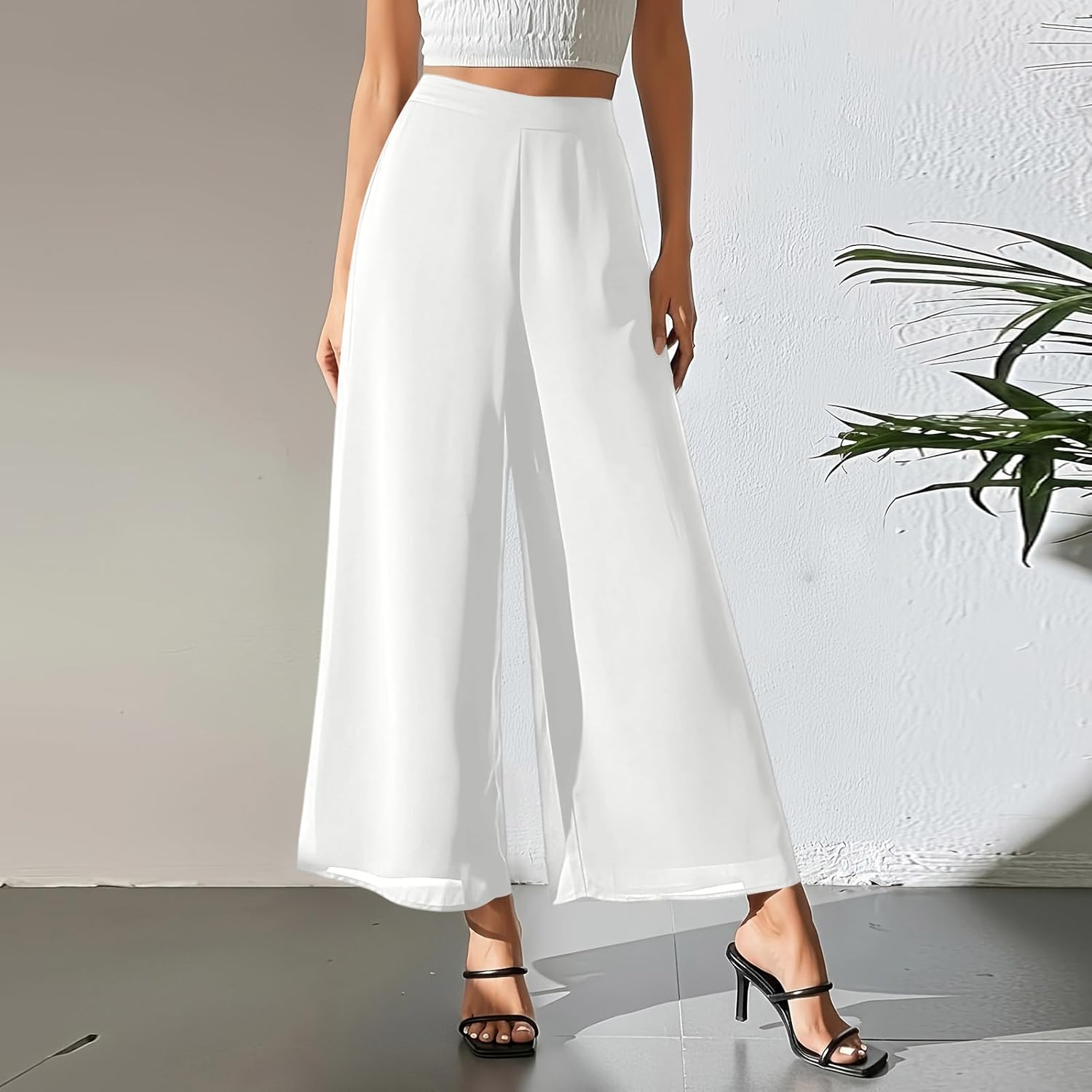 Womens Baggy Pants Womens Fashion Wide Leg High Waist Chiffon Palazzo Trousers Loose Fit Flowy Bottoms for Daily