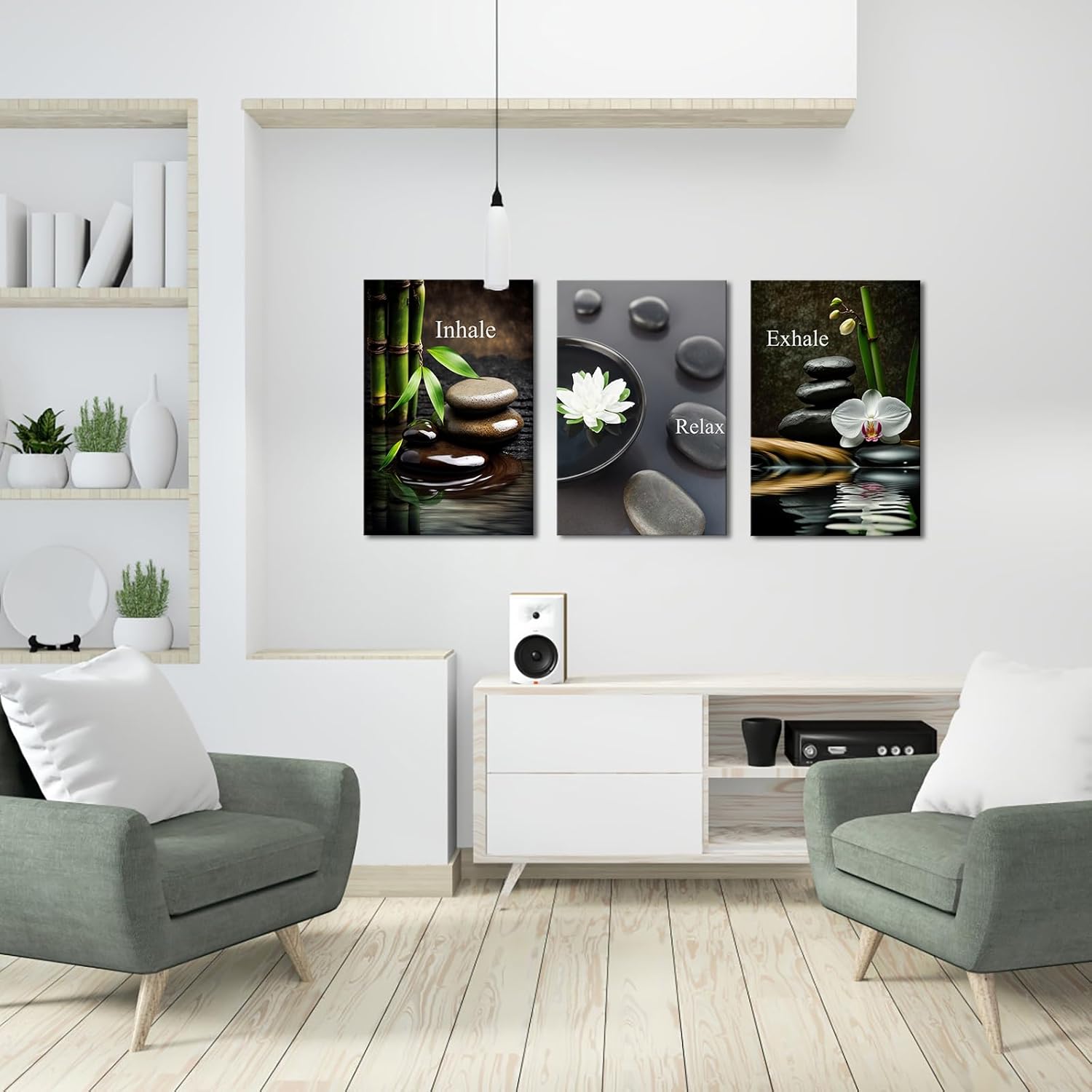 FuShvre Zen Wall Art for Bathroom Zen Stone Bamboo Lotus Orchid Flower Pictures Still Life Wall Decor Framed 16x24 inch each piece (medium)