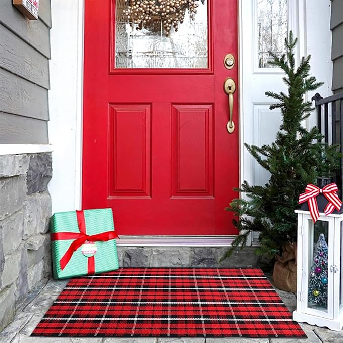 Christmas Outdoor Rug Doormat 24"x35", Red/Black Buffalo Christmas Outdoor Rug