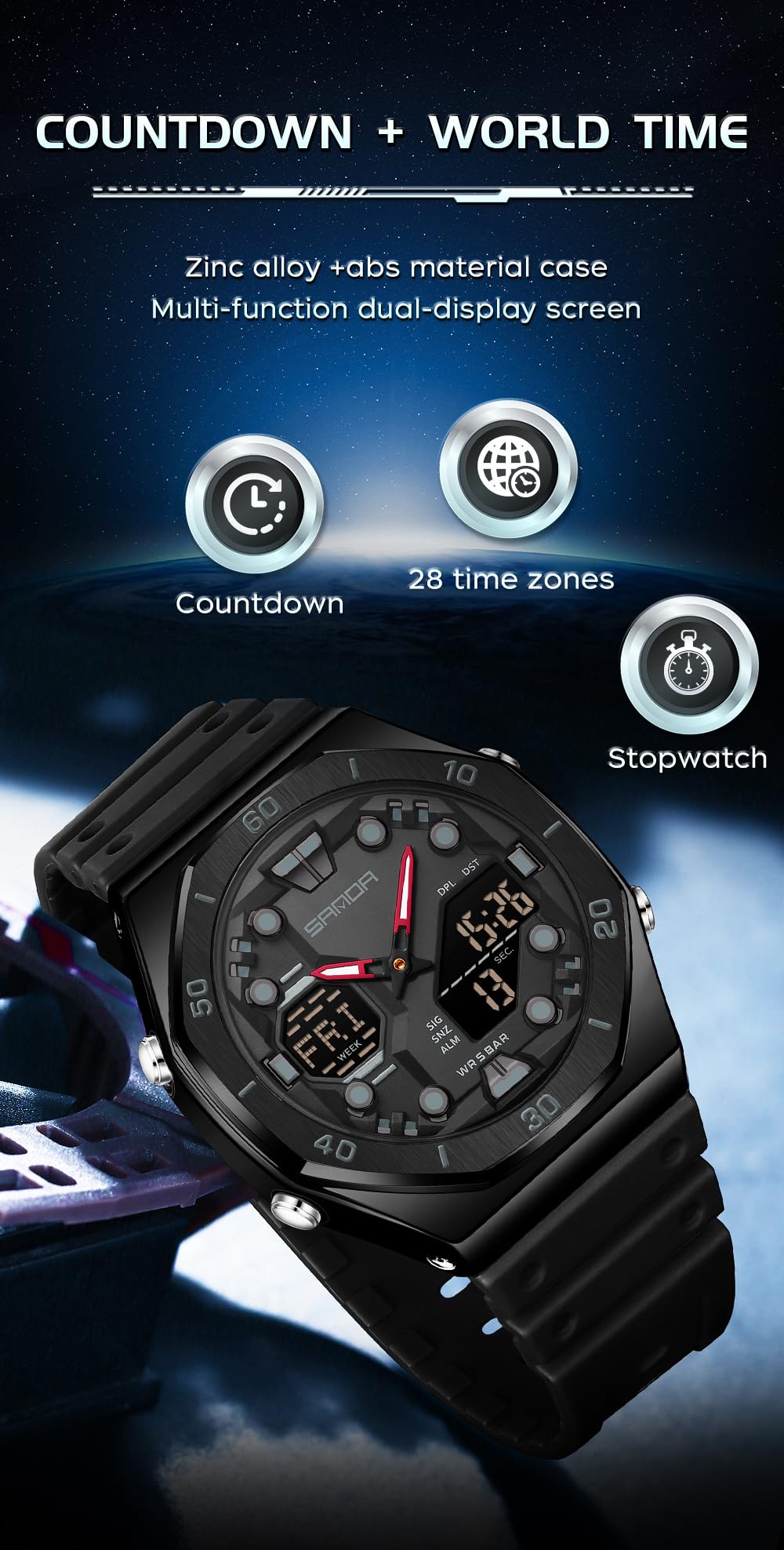 Gosasa Orologio sportivo da uomo, con doppio display, impermeabile, 5 atm, analogico, digitale, con luce notturna, cronometro, conto alla rovescia, sveglia, ora mondiale, cinturino in TPU