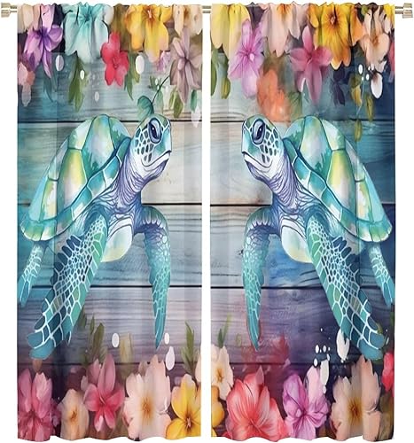 Cortina opaca de madera rústica con estampado de tortugas marinas, con bolsillo para barra, para dormitorio, sala de estar, 42 x 45 pulgadas