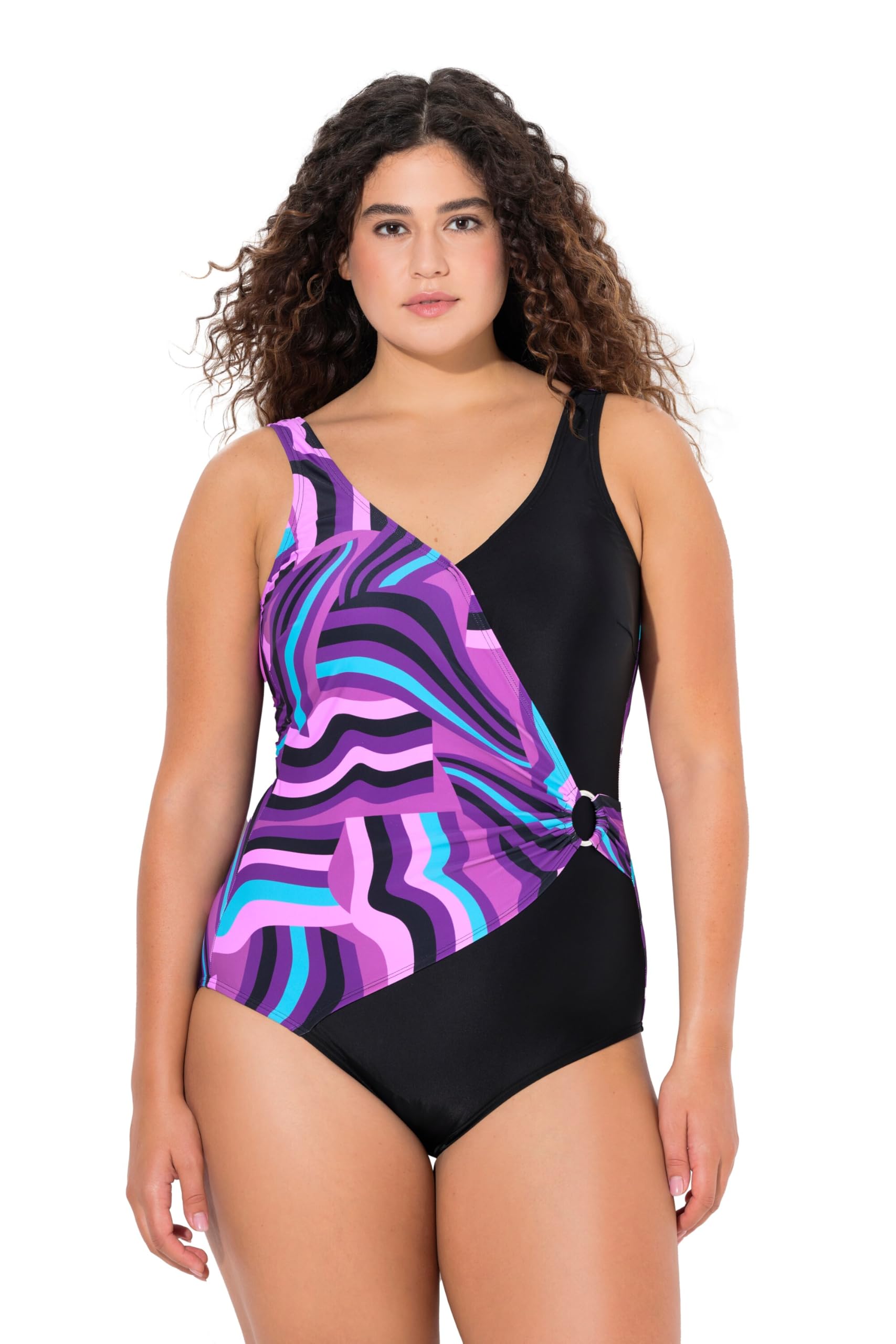 Ulla Popken Damen große Größen Übergrößen Plus Size Badeanzug, Wickeloptik, Softcups, Zierring, recycelt 835791