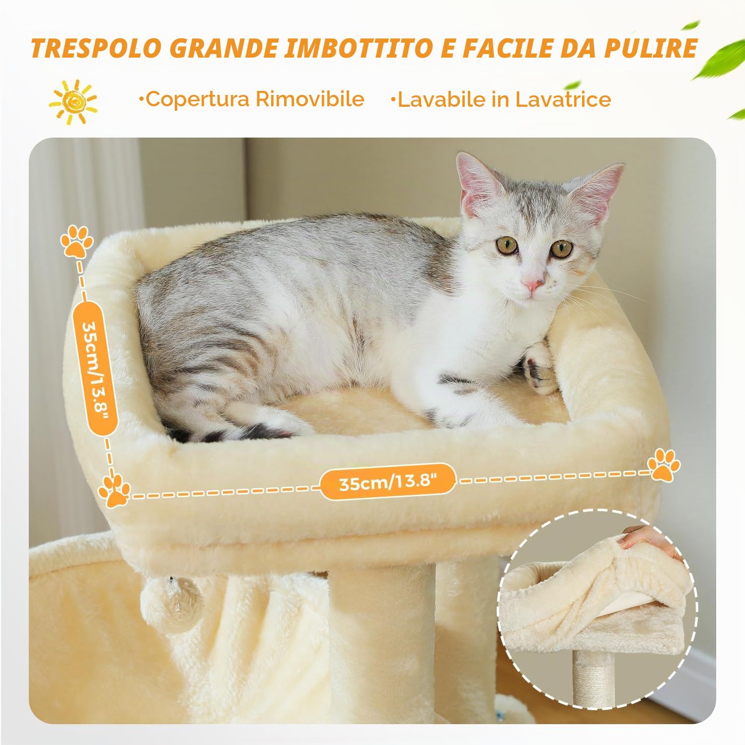 PETEPELA Tiragraffi da 104 cm, con 2 spaziose grotte per gatti di casa, casa per gatti con comoda amaca, asta imbottita, cuscinetto antigraffio e palla da gioco rimovibile, beige