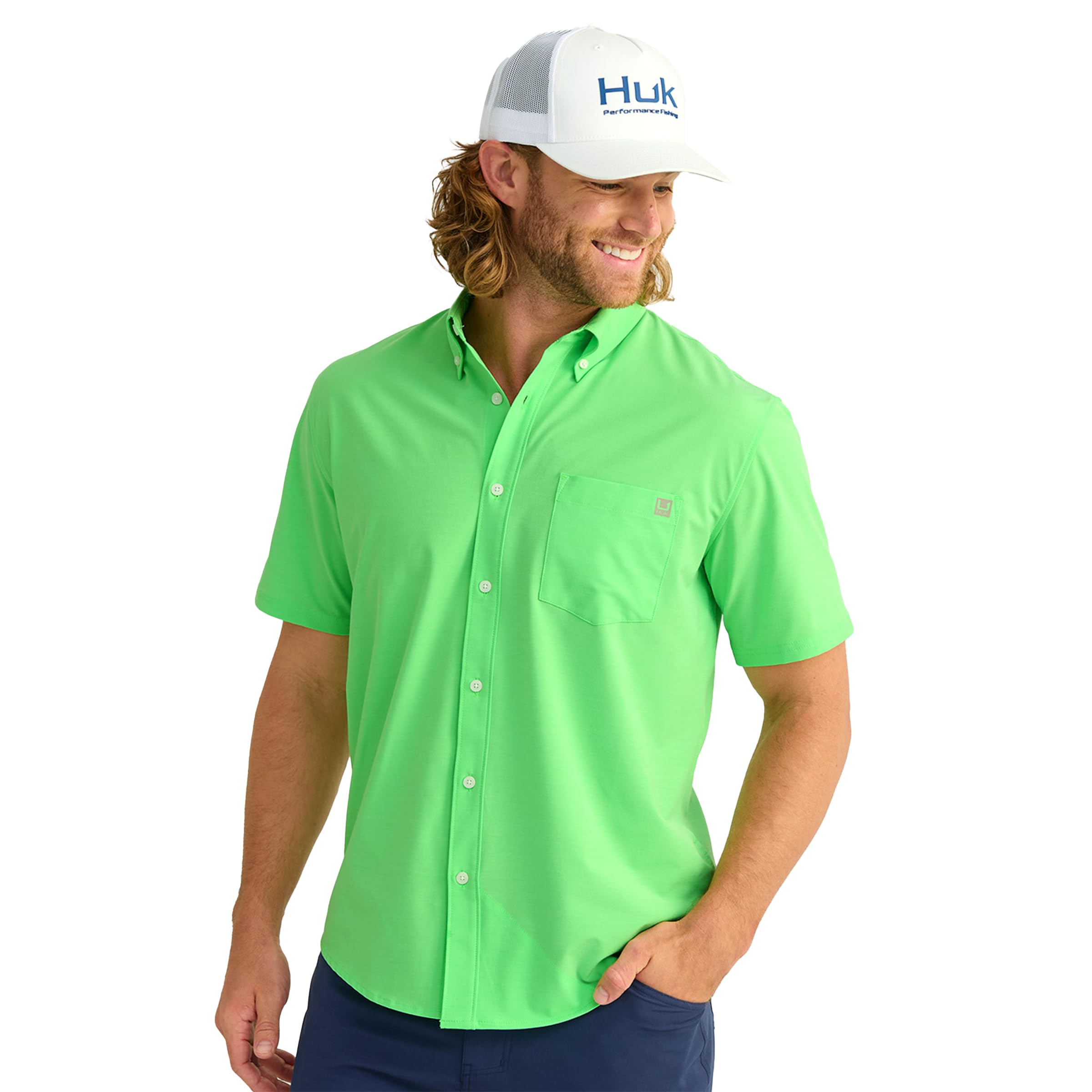 HUK Men's Standard Kona Solid Short Sleeve Fishing Button Down Shirt, Summer Green