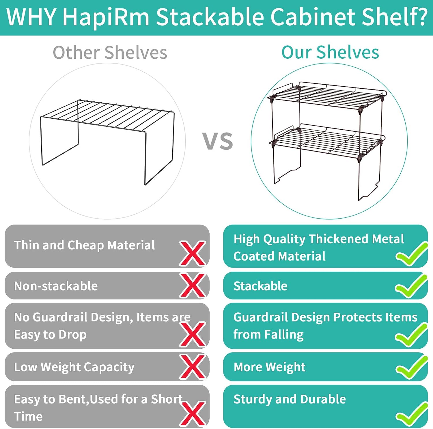 HapiRm Stackable Cabinet Shelf Kitchen Cabinet Organizers and Storage,Kitchen Pantry Shelves Organizer,Safety guardrail Kitchen Counter Bedroom Bathroom Accessories,Stainless Steel,2 Pack,Bronze