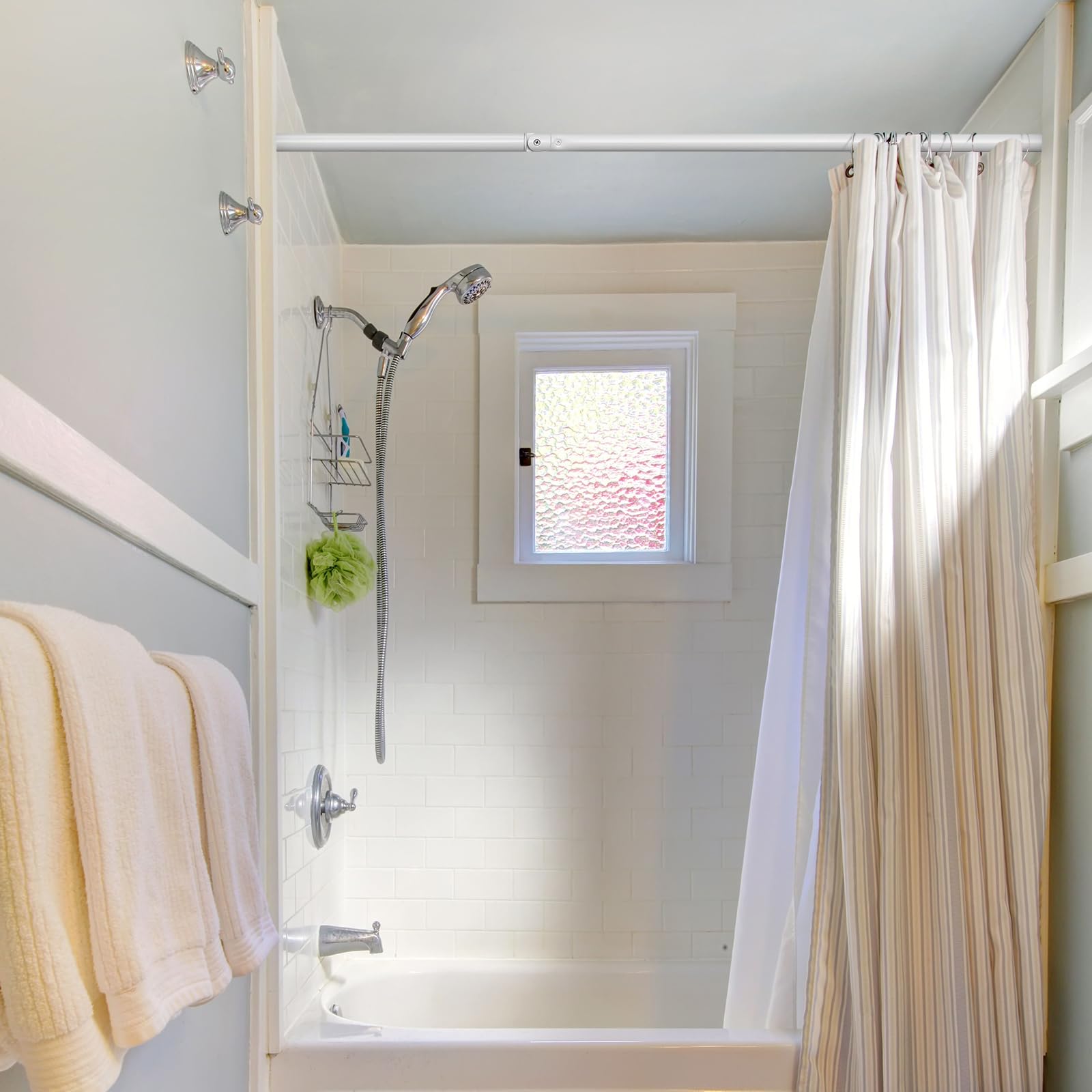 Wenqik Barra de cortina extensible de ducha RV para baño, 42 x 35 pulgadas, multifunción, ajustable, barra de ducha de aluminio para RV, baño, dormitorio, probador, necesita taladrar