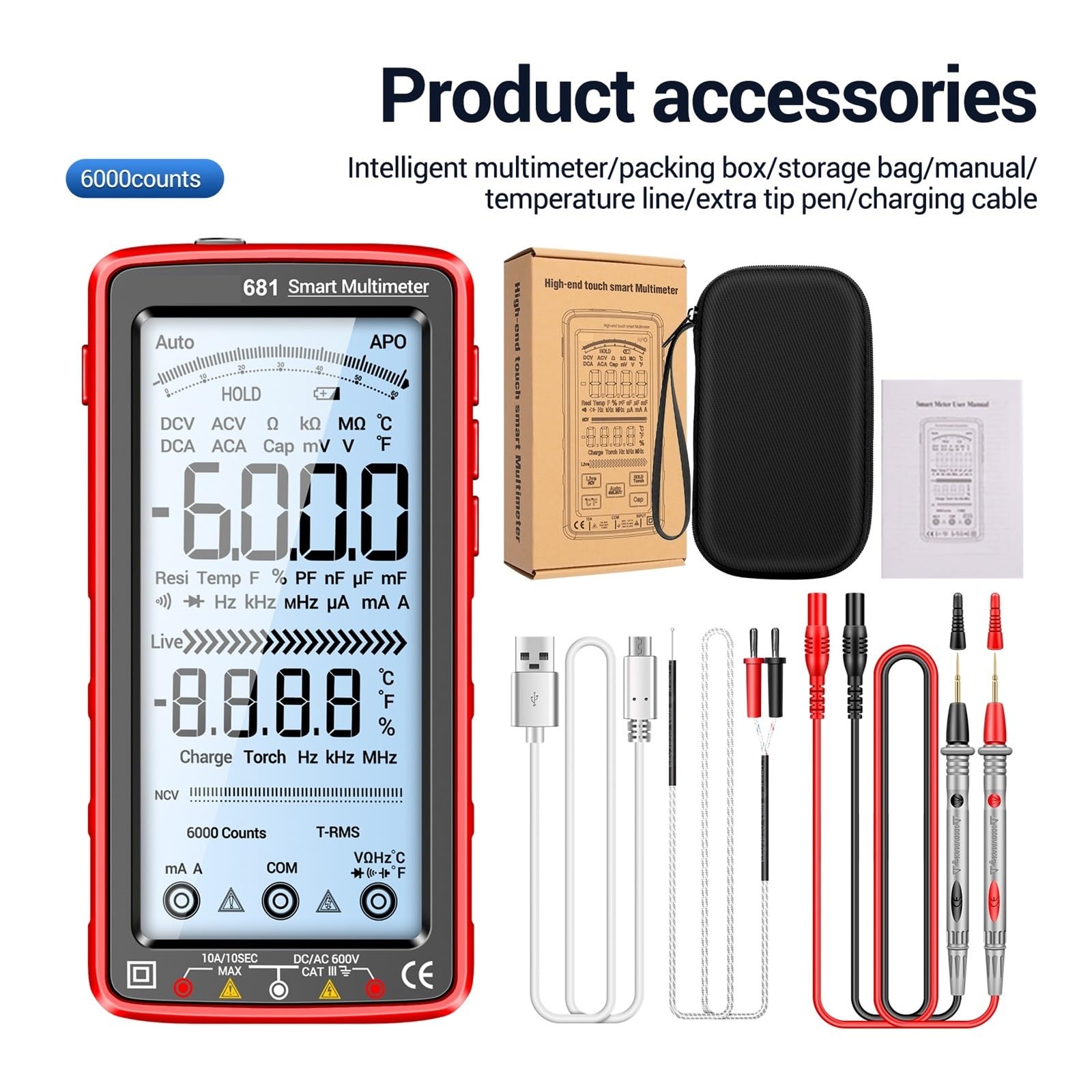 Multimetr Cyfrowy 6000 Zliczeń Smart Anti-burn Recharg Uniwersalny Miernik Tester NCV 5-calowa Podświetlana Latarka LCD(683 Red)