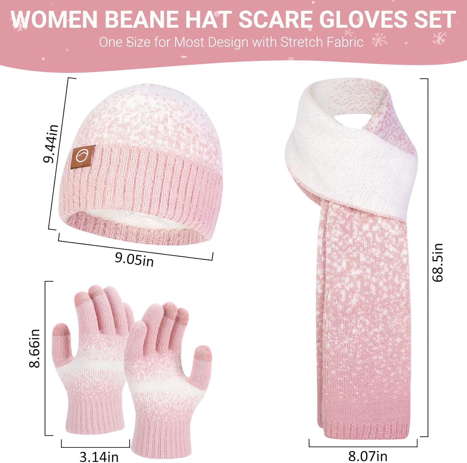 Womens Winter Beanie Hat Scarf Gloves Set - Touchscreen Gloves,Long Knit Scarf & Ombre Snowflake Design Beanie Set for Women - Image 2