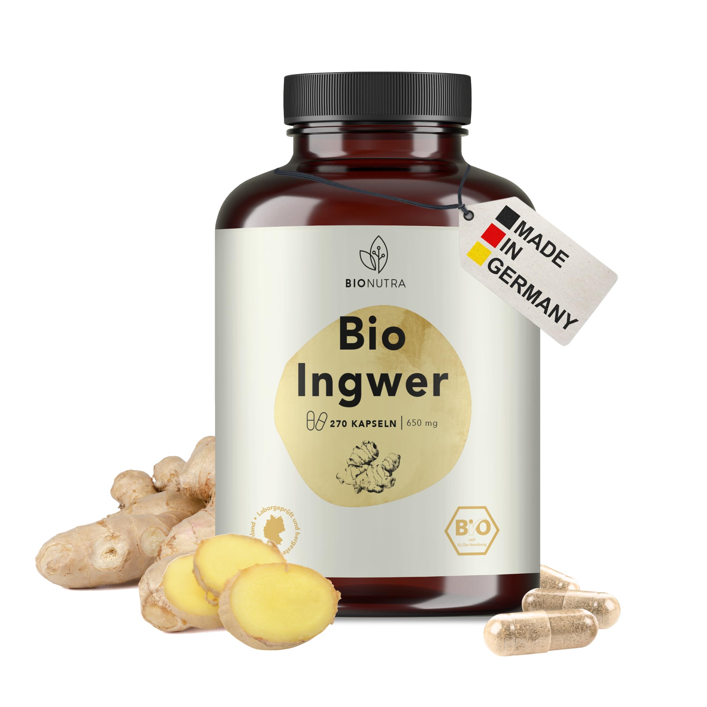 BIONUTRA® Capsule di zenzero biologico, alto dosaggio 1300 mg/giorno, controllo residui, produzione tedesca, vegane, senza lattosio né glutine, senza additivi, radice di zenzero bio, 270 x 650 mg