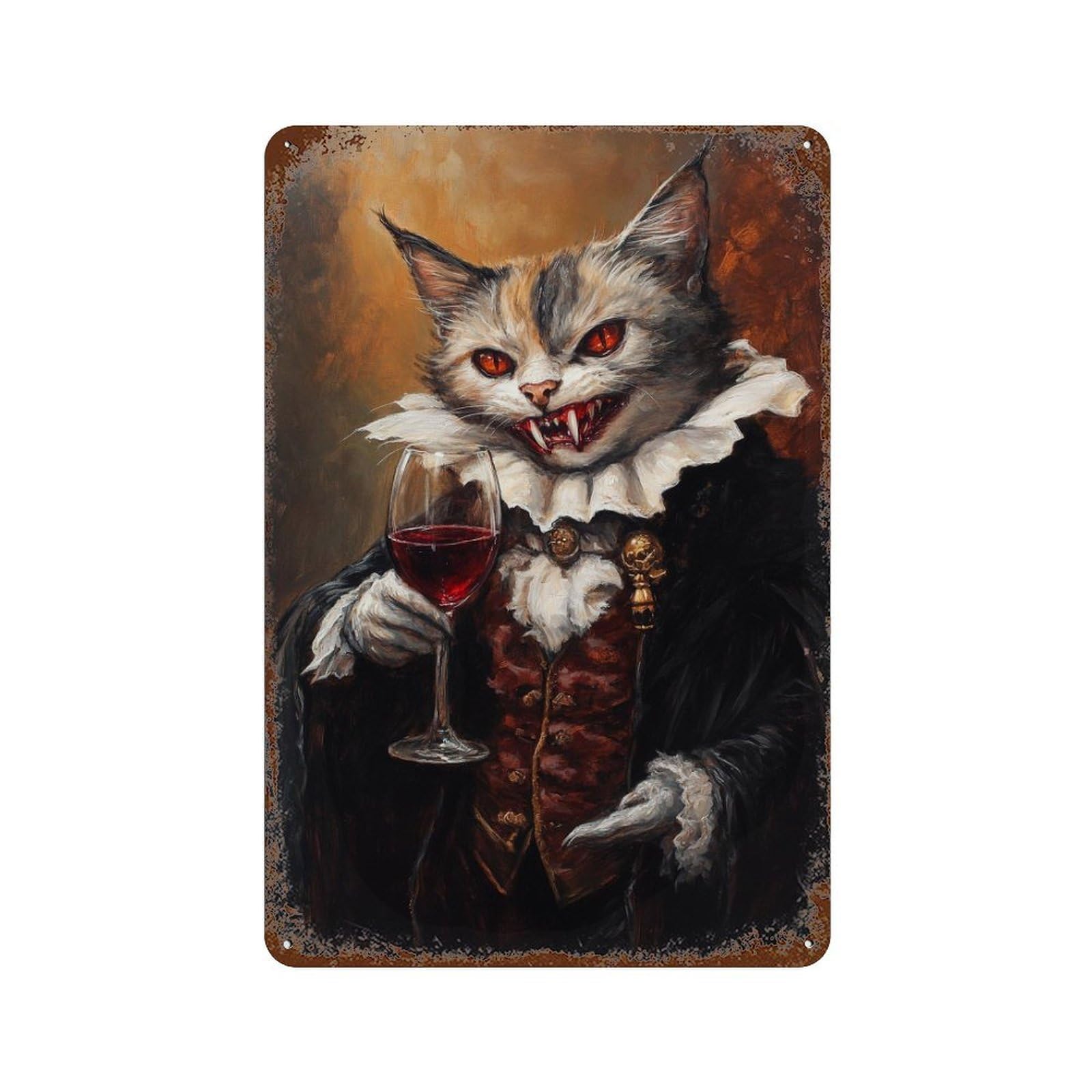 Vampire Cat with Wine Glass -2 Rustic Tin Plaque 11.8"x7.9", for Pub, Kitchen And Man Cave Decor, Vintage Wall Decor