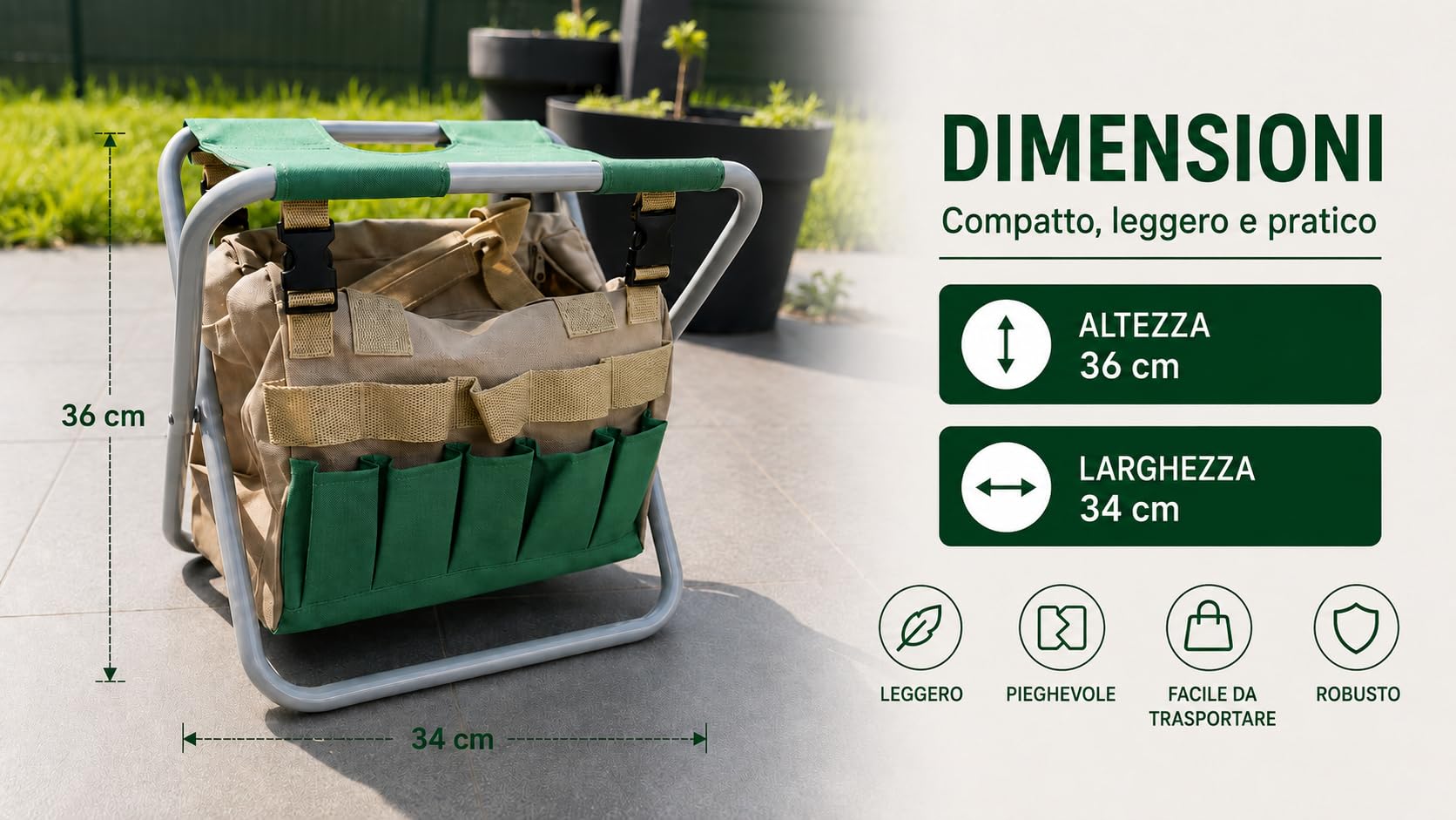 Kit da giardinaggio ergonomico – Sgabello pieghevole + 12 attrezzi in acciaio inossidabile + borsa + guanti + ginocchiere – Giardinare senza dolore alla schiena o alle ginocchia