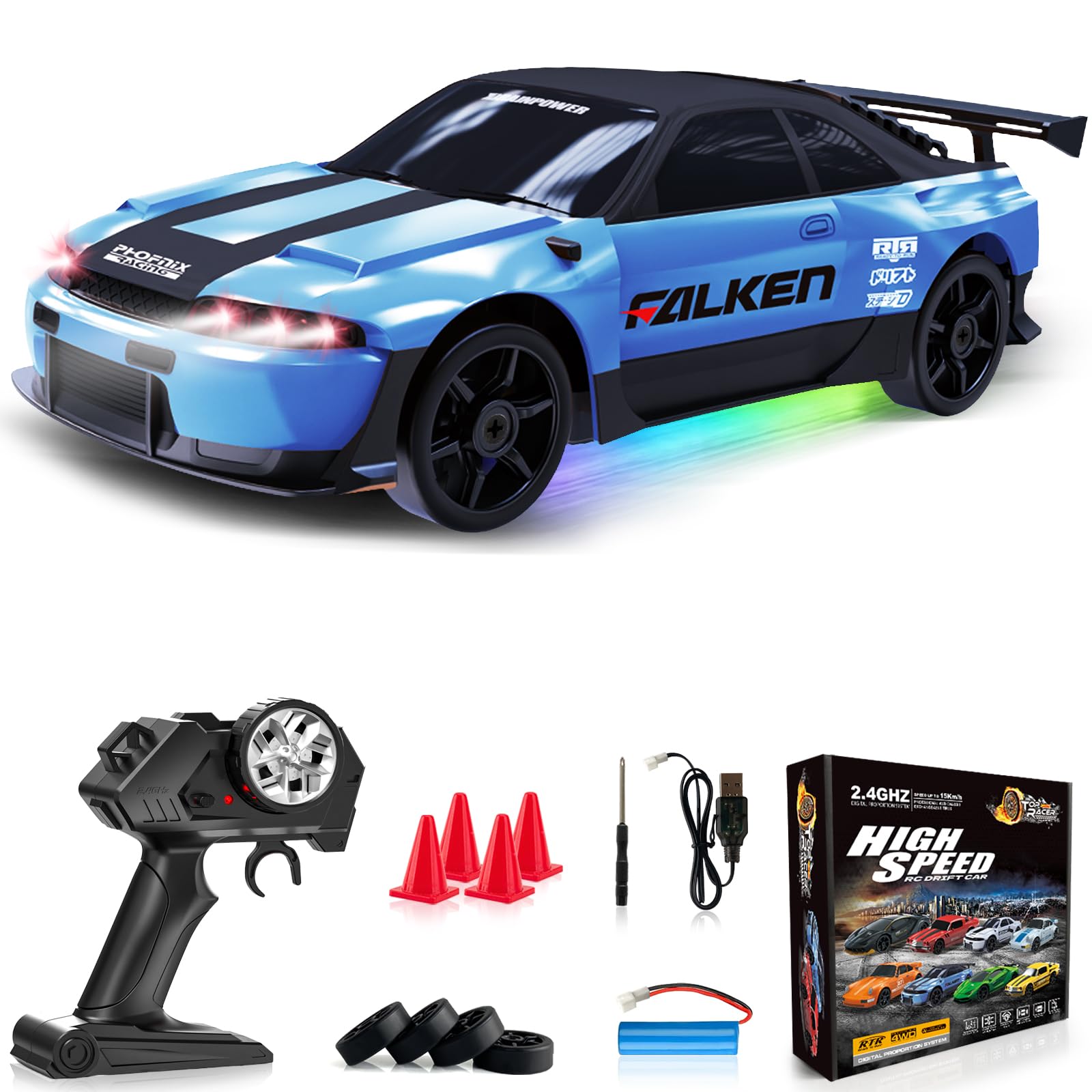 RC Drift Car 1:24 Remote Control Car 4WD 15KM/H High Speed Racing Sport Car with LED Lights RC Cars Toy for Kids Boys Girls Adults Gifts Birthday Christmas Rechargeable Batteries