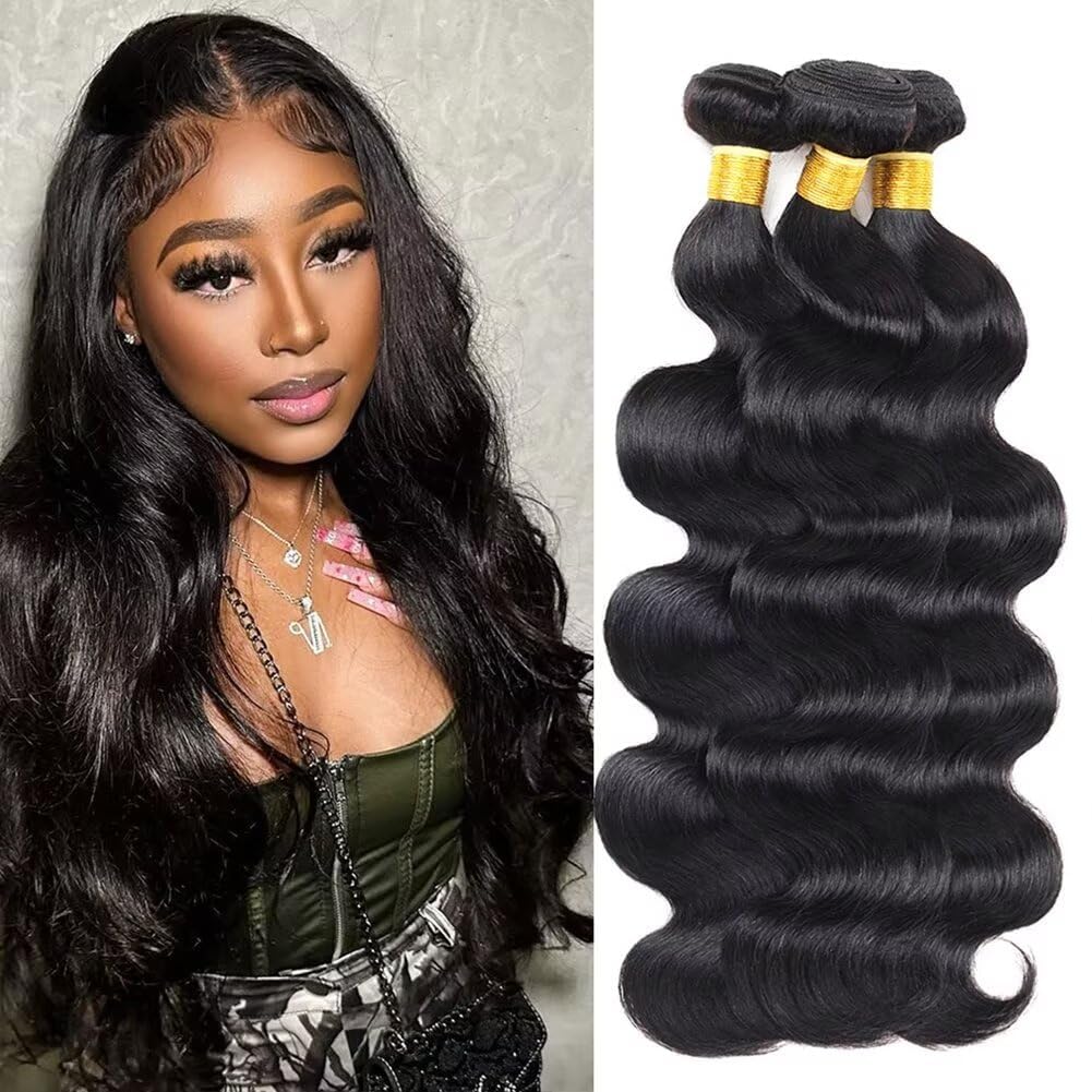 12A Human Hair Bundles 18 20 22 Inch Body Wave Bundles Human Hair 100% Unprocessed Brazilian Virgin Weave 3 Bundle for Women Natural Black Wet and