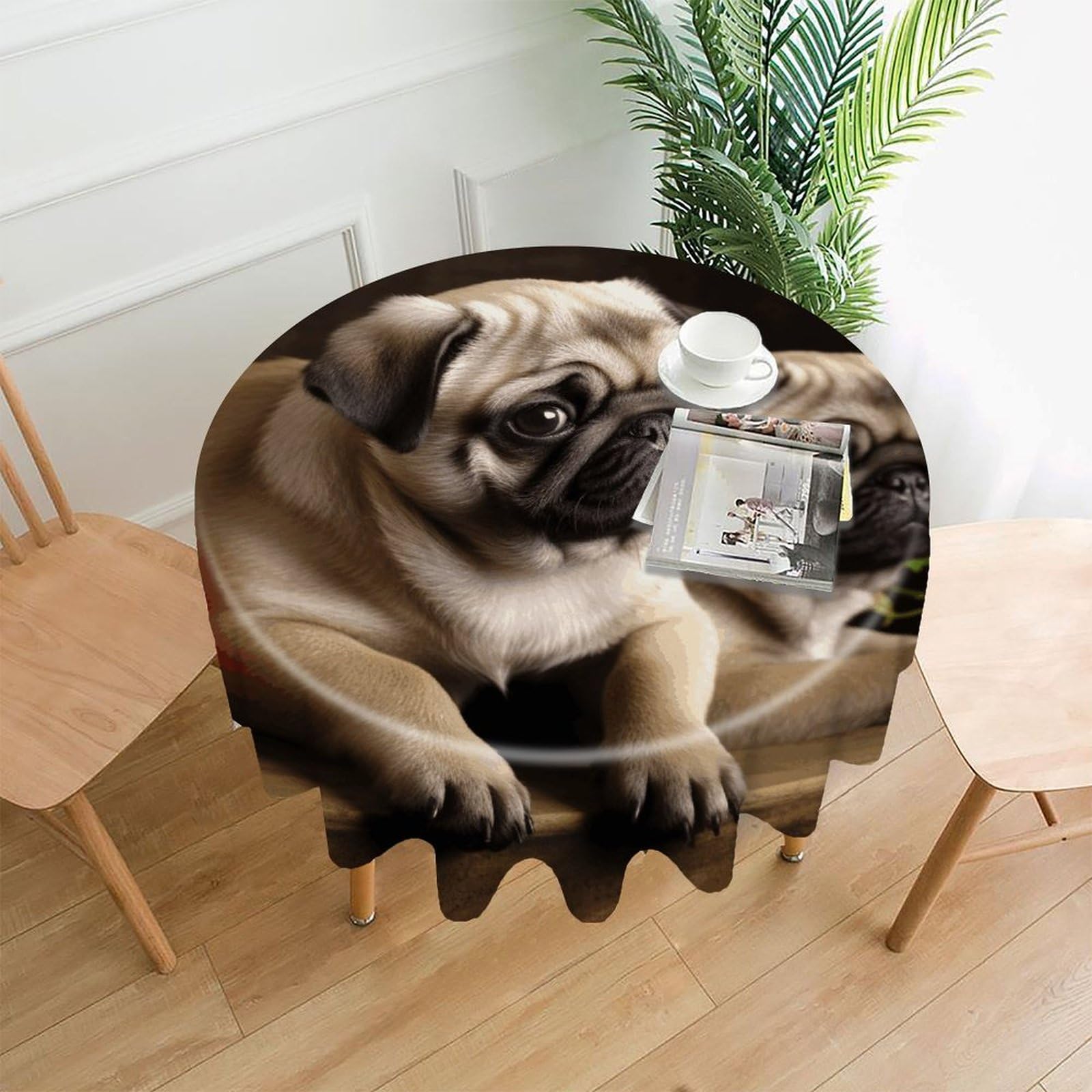 Puppys Pug Tablecloth Exquisite Wrinkle-Free Straight-Edge Round Table Cloth Anti-Fading Premium Polyester Tablecloth Waterproof Folding Table Cloths for Tables Decor