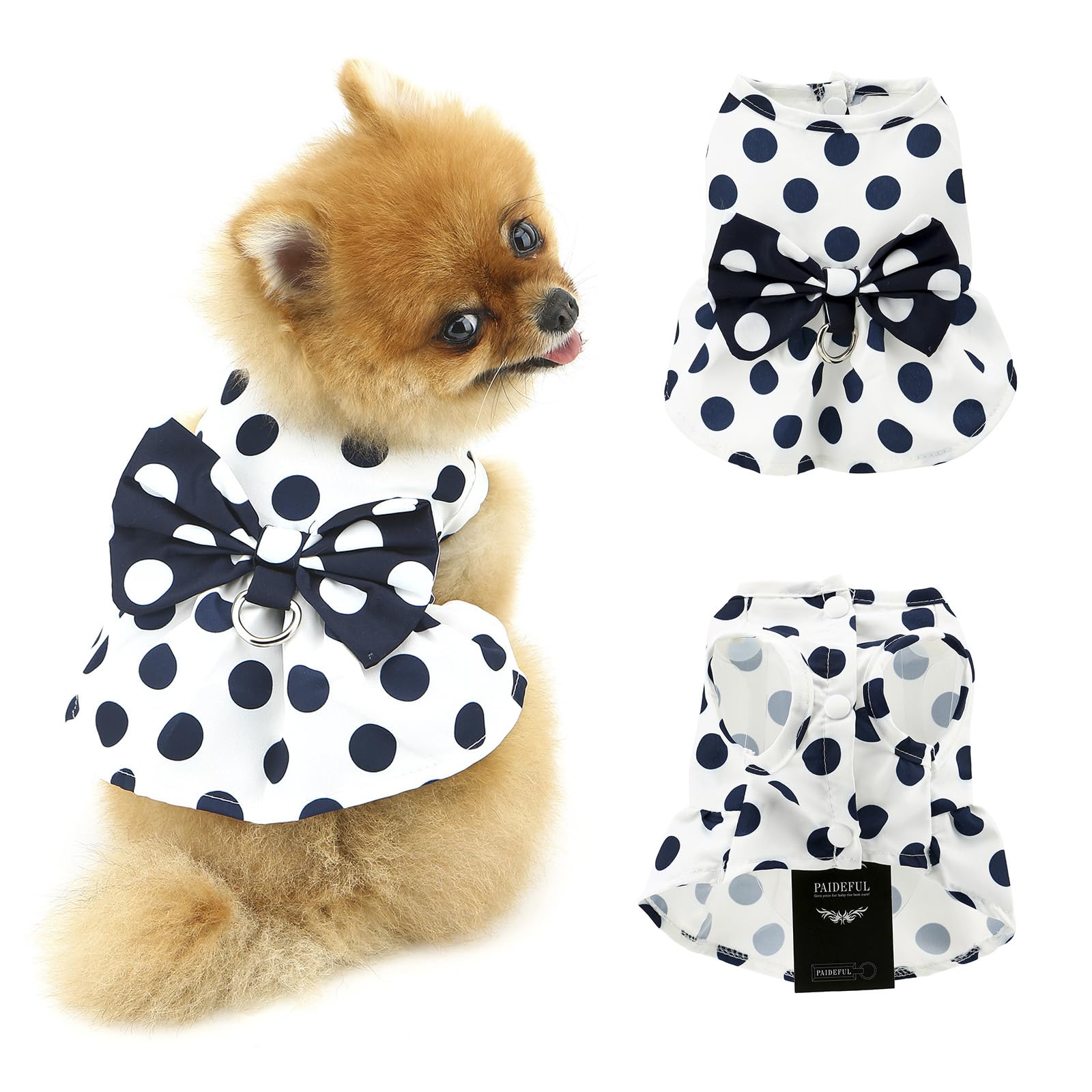 PAIDEFUL Dog Harness Dress,Retro Bow Princess Dresses for Small Dogs Cats Fashion Polka Dot Puppy Pleated Skirt Soft Lightweight Doggy Sundress Button up Chihuahua Clothes Costume D-ring,White,M