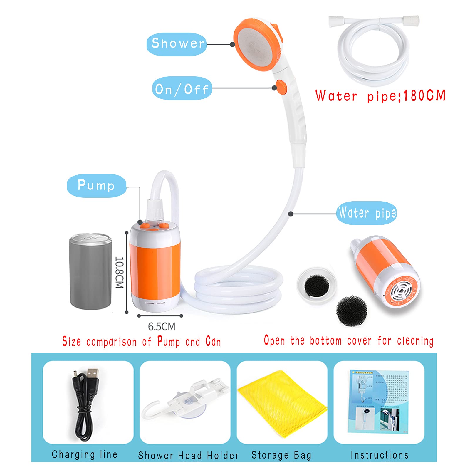 Douche portable de camping en plein air - Douche électrique - Douche de camping intégrée - Grande capacité de 5000 mAh - Rechargeable - Pour l'intérieur ou l'extérieur, le camping