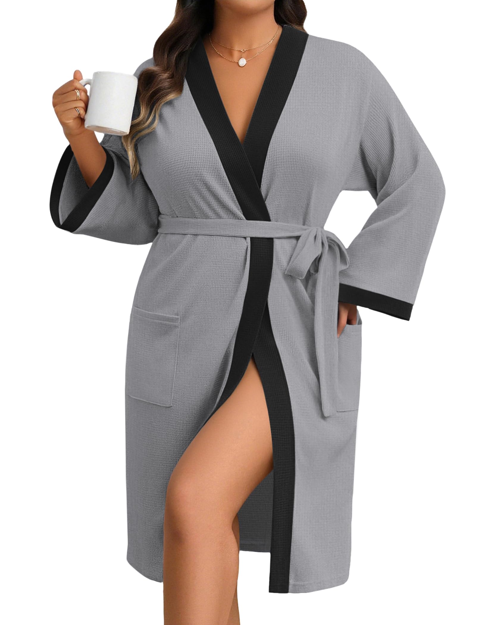 Ekouaer Plus Size Robe for Women Waffle Knit Bathrobe Short Lightweight Kimono Robes with Pockets Maternity Robe S-XXL