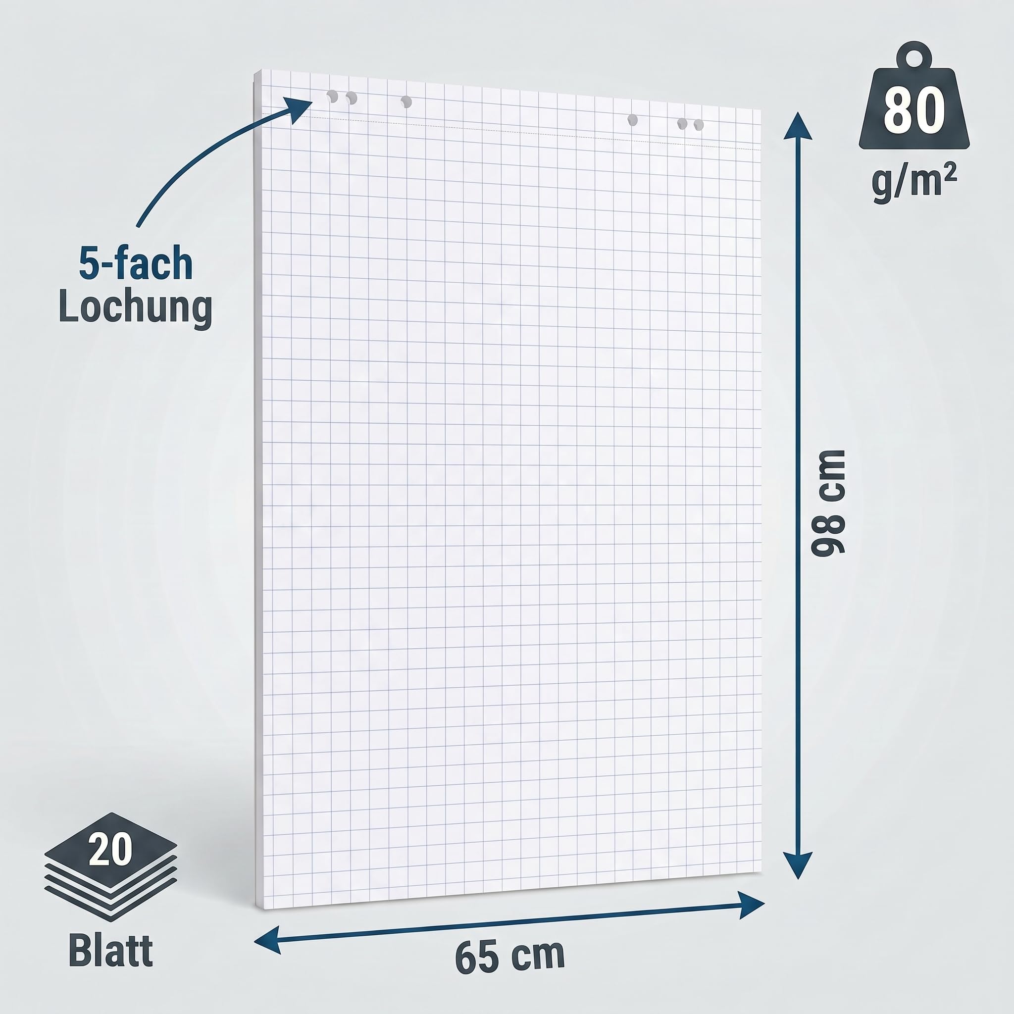 Conipa® - 2 blocs de papier pour tableau de conférence 68 x 99 cm blanc (carrés) 80 g/m² – 2 blocs de 20 feuilles – Papier pour tableau blanc pour tableaux et réunions (2 blocs quadrillés)
