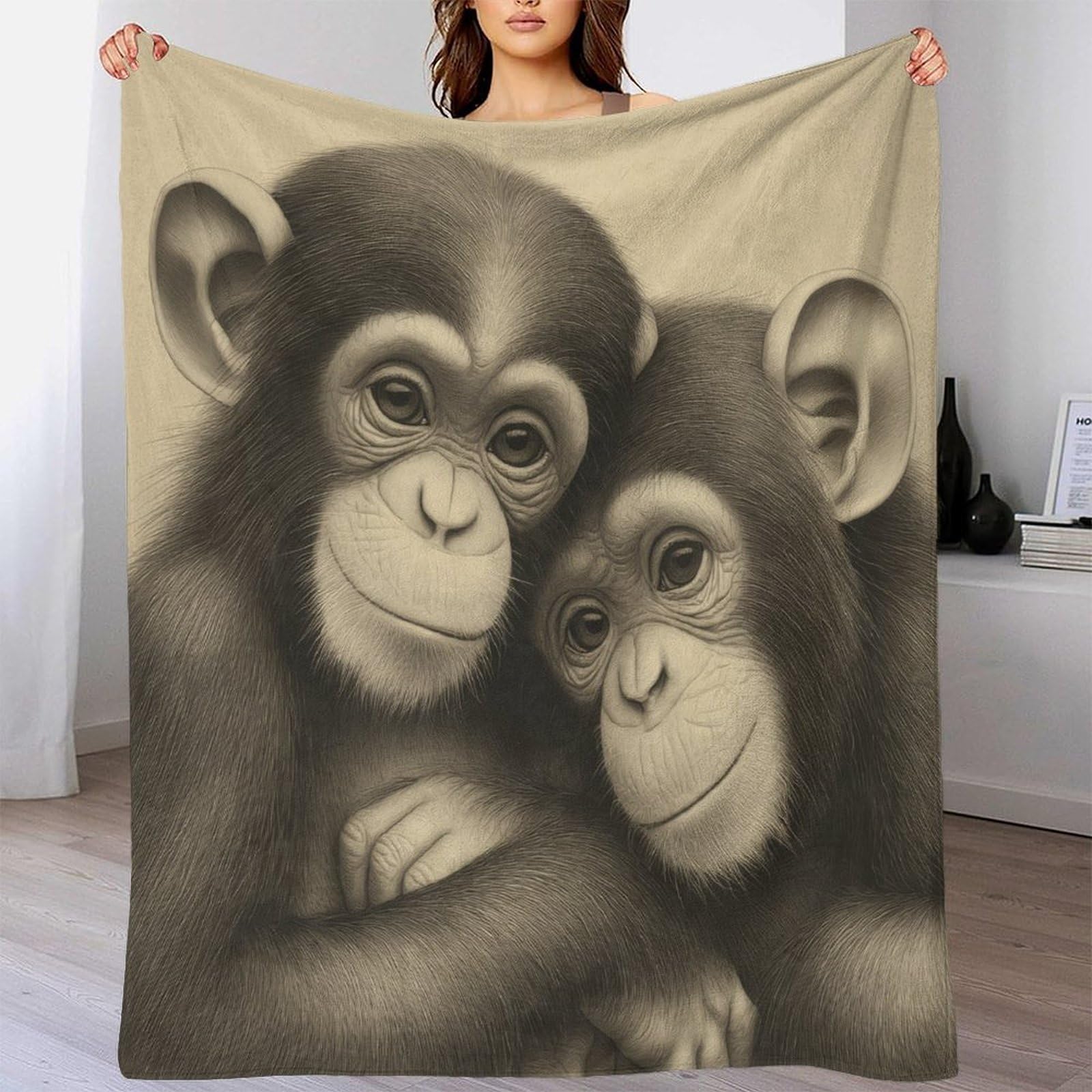 stampa 3D scimpanzé babies plaid in pile microfibra biancheria da letto morbido coperta in pile anti-pilling per giovani amanti delle serie tv Carino animal 80×90inch(200x230cm)
