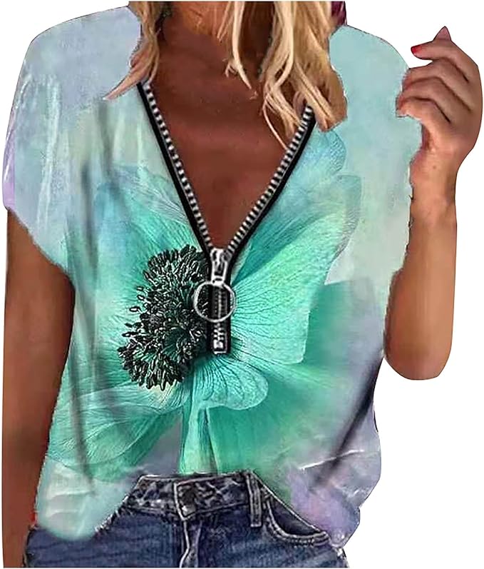 Womens Summer Tops Ladies Summer Leisure Floral Print Zipper VNeck