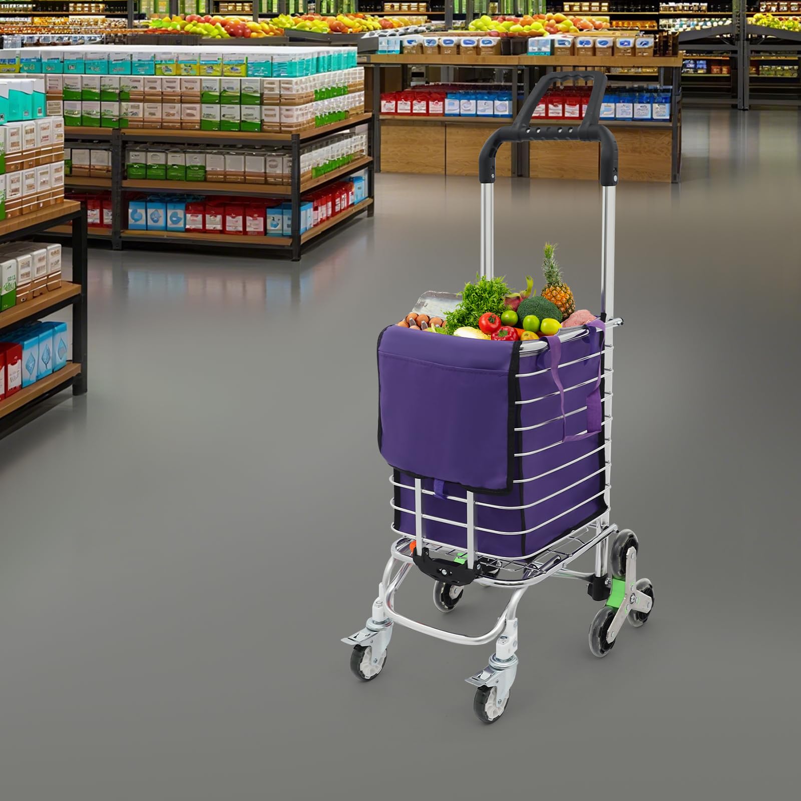 Carrello pieghevole per la spesa, con 8 ruote e freno sulle ruote anteriori e borsa rimovibile da 35 l, shopping cart per supermercato e salire le scale