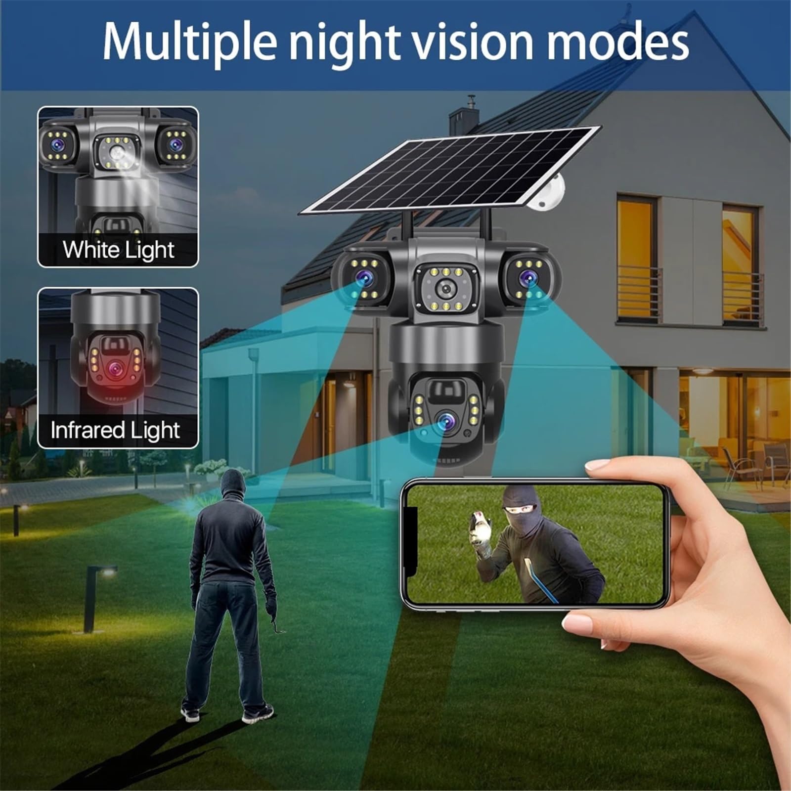 Kamera solarna 4G 12 MP 6K z 3 obiektywami, zewnętrzna, wodoodporna, z noktowizorem, dwukierunkowa kamera z interkomem, śledzenie mobilne IP(2MP 5X Cam 32G)
