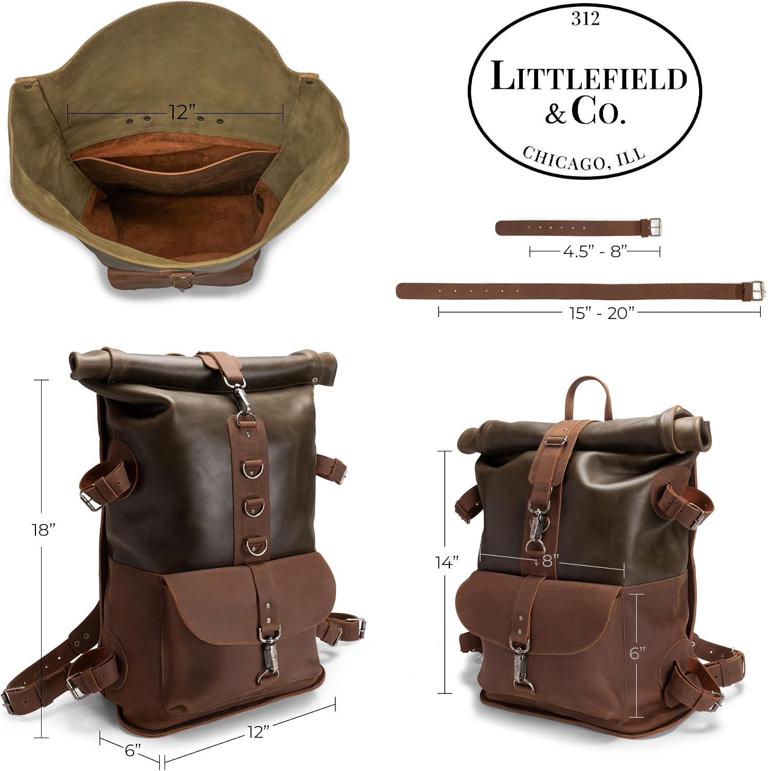 Littlefield & Co., Classic Rucksack, Backpack for Men and Women, Carry-On Travel Backpack, Full Grain Leather, Handmade (Dark Jade)