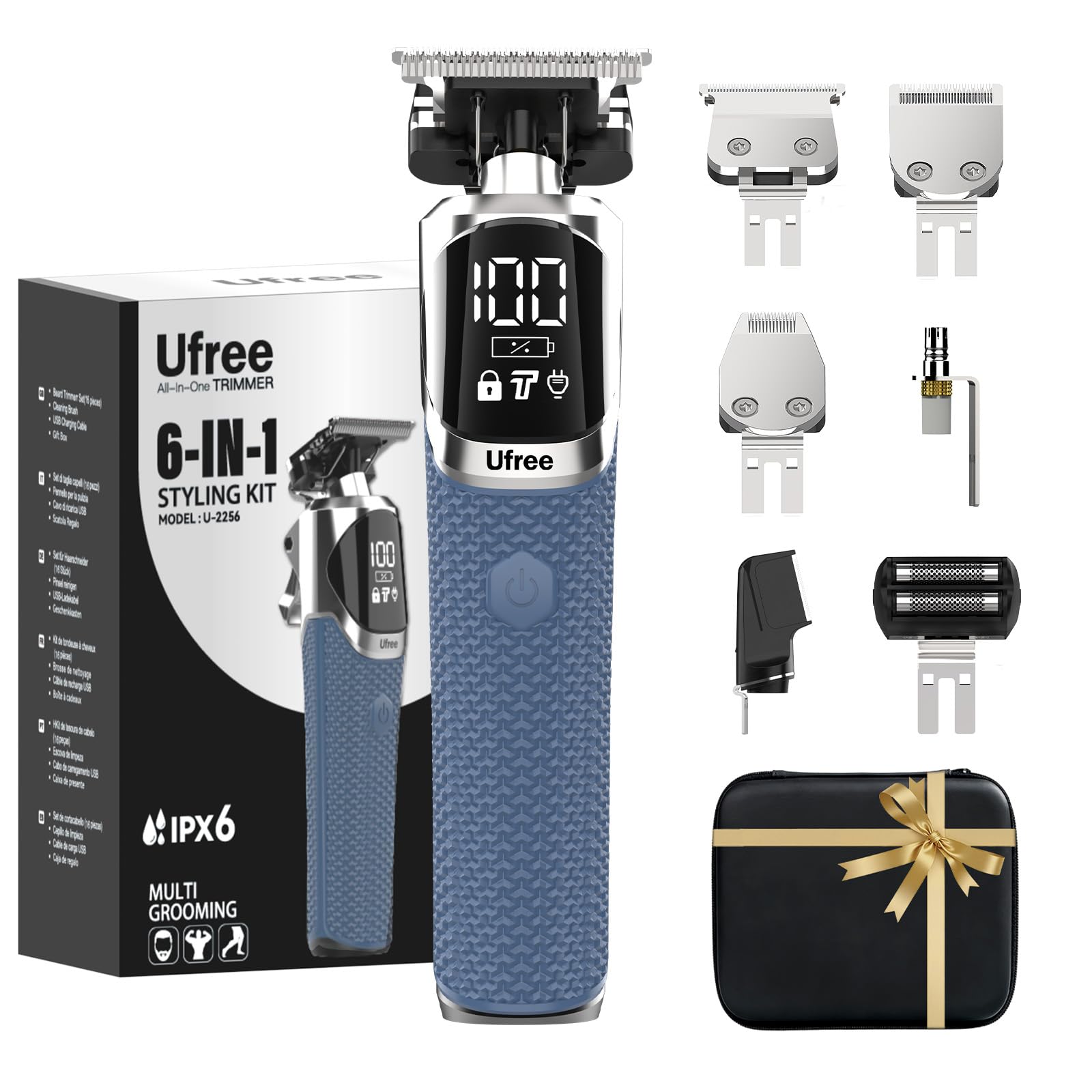 Ufree 6-in-1 Professional Beard Trimmer for Men IPX6 Waterproof Electric Shaver Razor Cordless Body Hair Trimmer for Mustache
