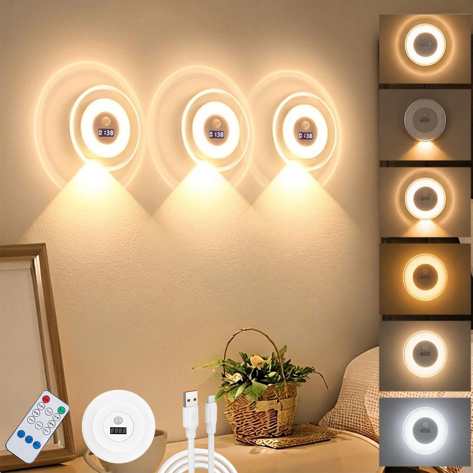 Smart LED Clock Night Light with Motion Sensor, Rechargeable Dimmable Wall Lamp with Remote, 3 Color Temperatures & 3 Lighting Modes, Digital Clock Nightlight for Bedroom Bathroom Hallway (3Set)