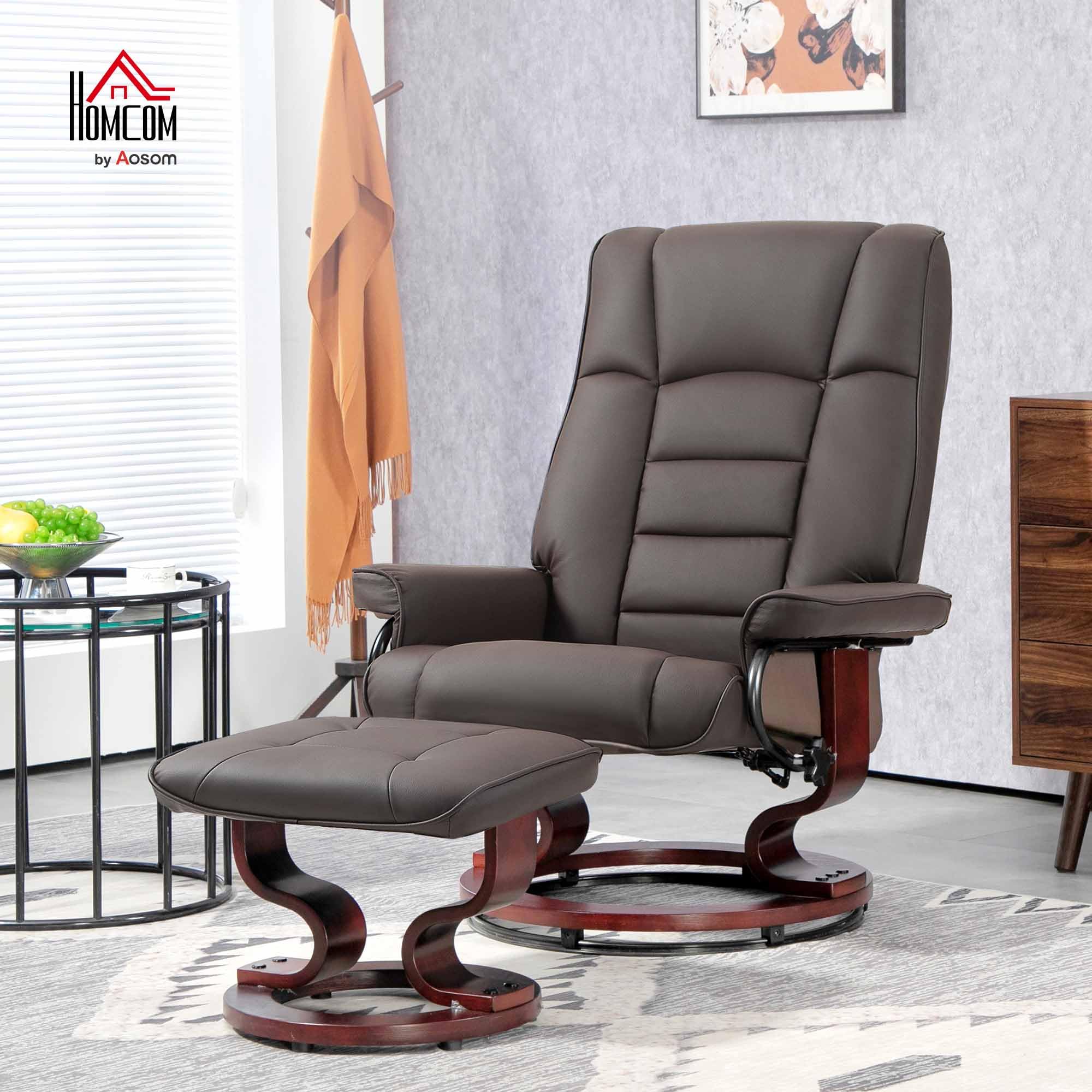 HOMCOM Relaxsessel mit Hocker, 360° drehbarer Fernsehsessel mit Liegefunktion hoher Rückenlehne, Holzgestell TV-Sessel für Wohnzimmer, Kunstleder, Braun