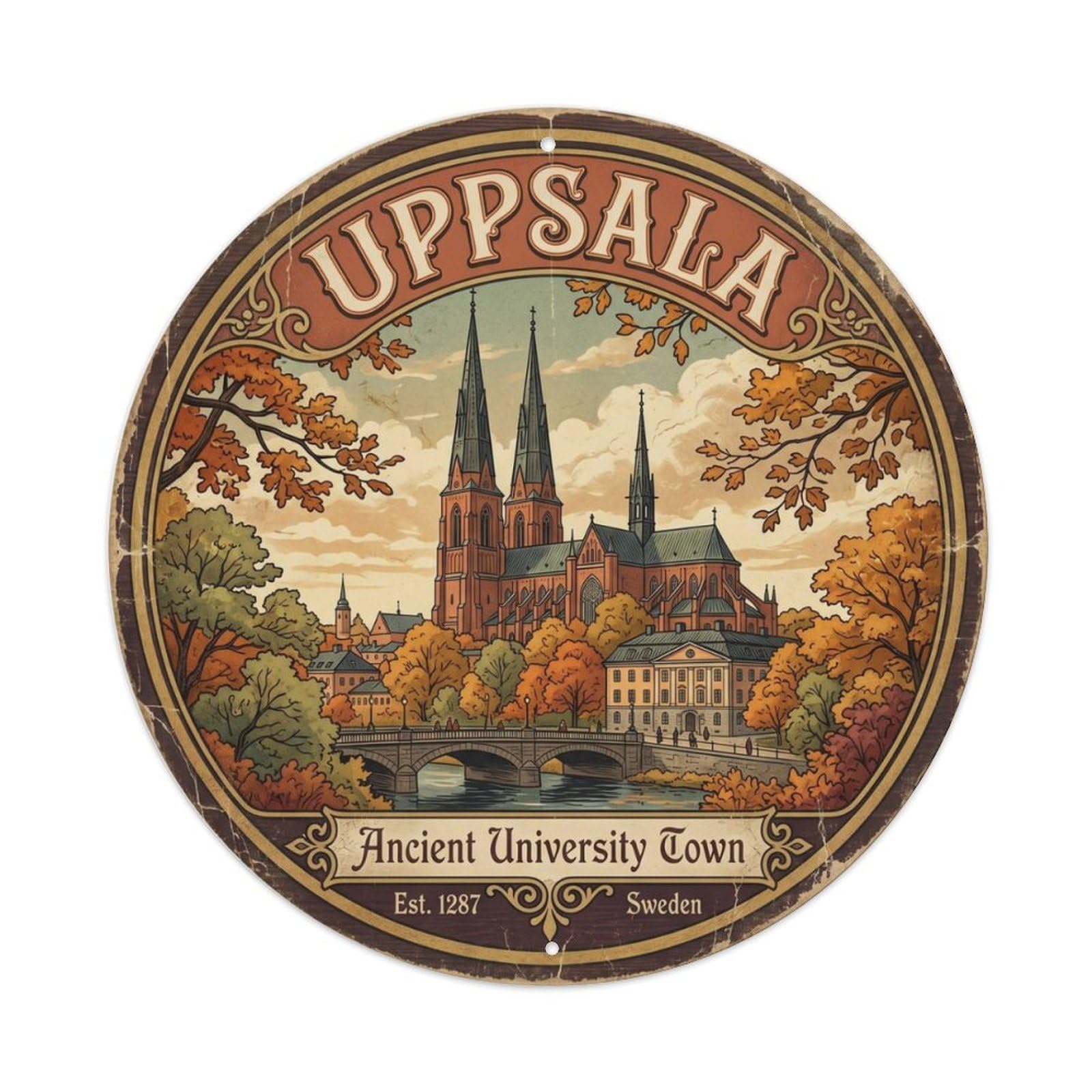 Vintage Travel Uppsala Sweden Cathedral(1) Metal Tin Sign Plaque Wall Decor for Cafe, Club Bar, Office, Home Garden Round Metal Poster 8x8Inch