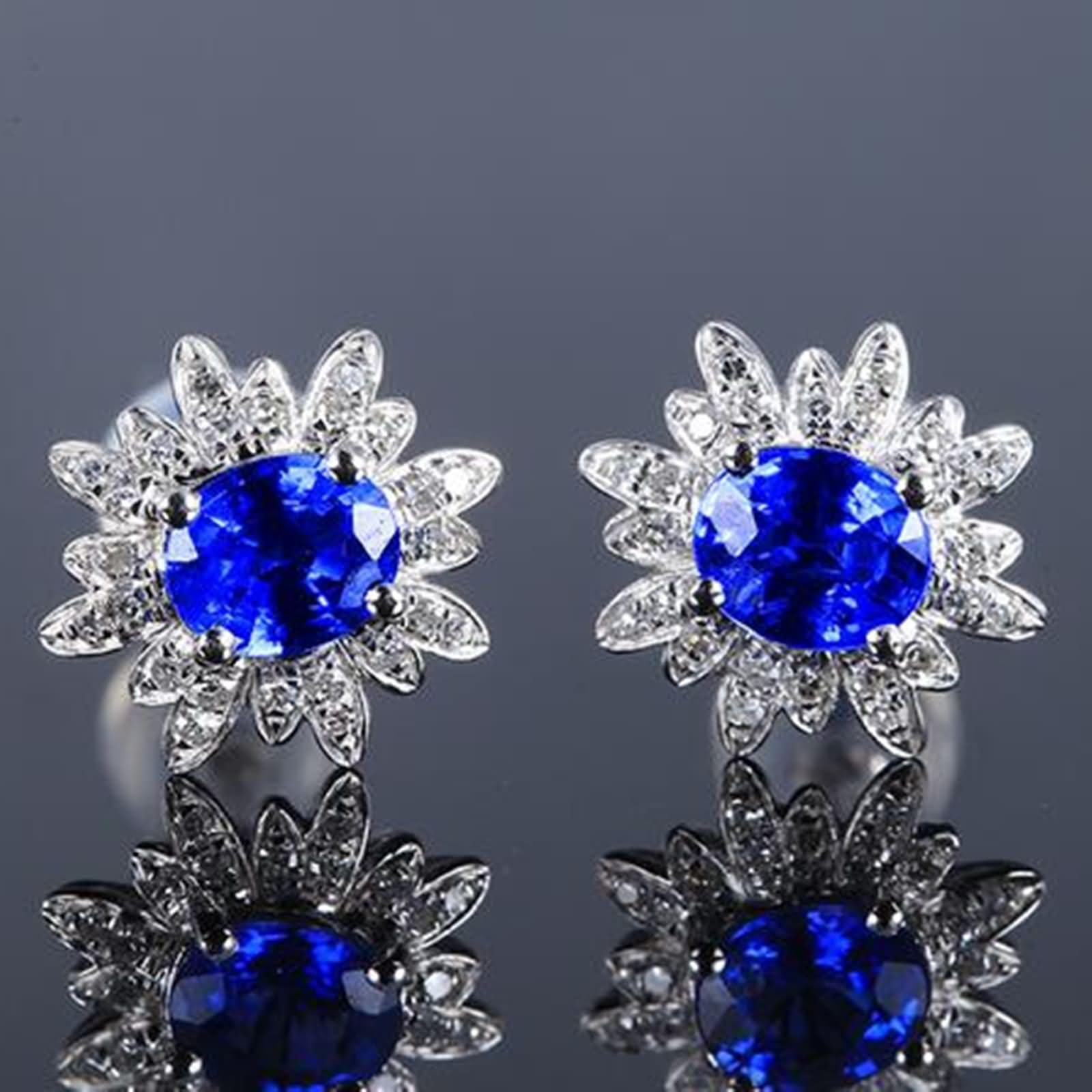 Weißgold 375/585 / 750 Ohrringe Hochzeit Damen, Blume und Oval mit Erstellter Saphir 0,9 Karat und Moissanit, Frauen Ohrring Blau Silber