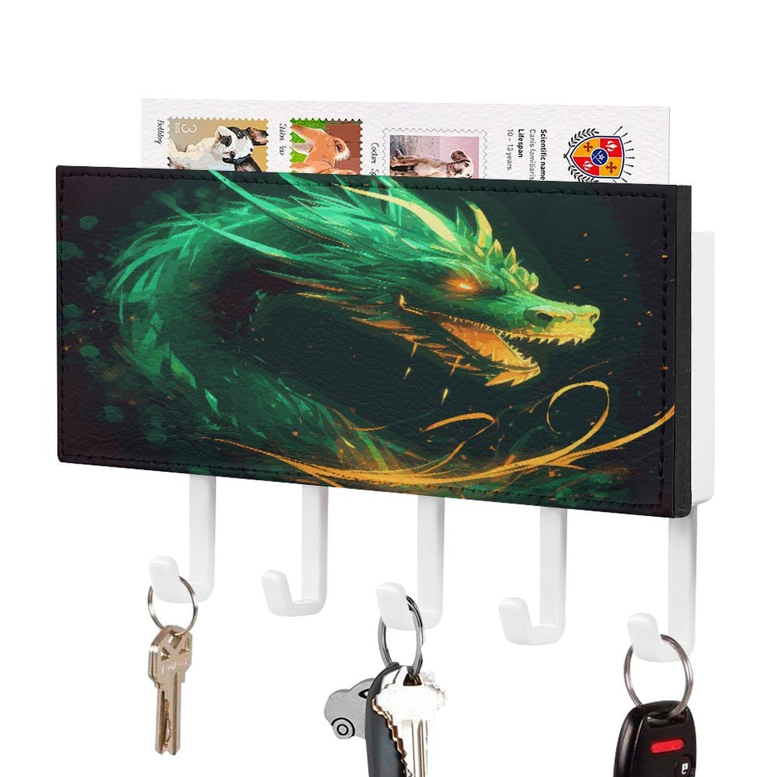 Fekiloot White-Style Chinese Dragon Key Holder Wall Mount Key Hanger With 5 Hooks Decorative Key Rack Hanging Key Hooks With Mail Organizer Key Holder For Wall Living Room Kitchen Bathroom Hallway White