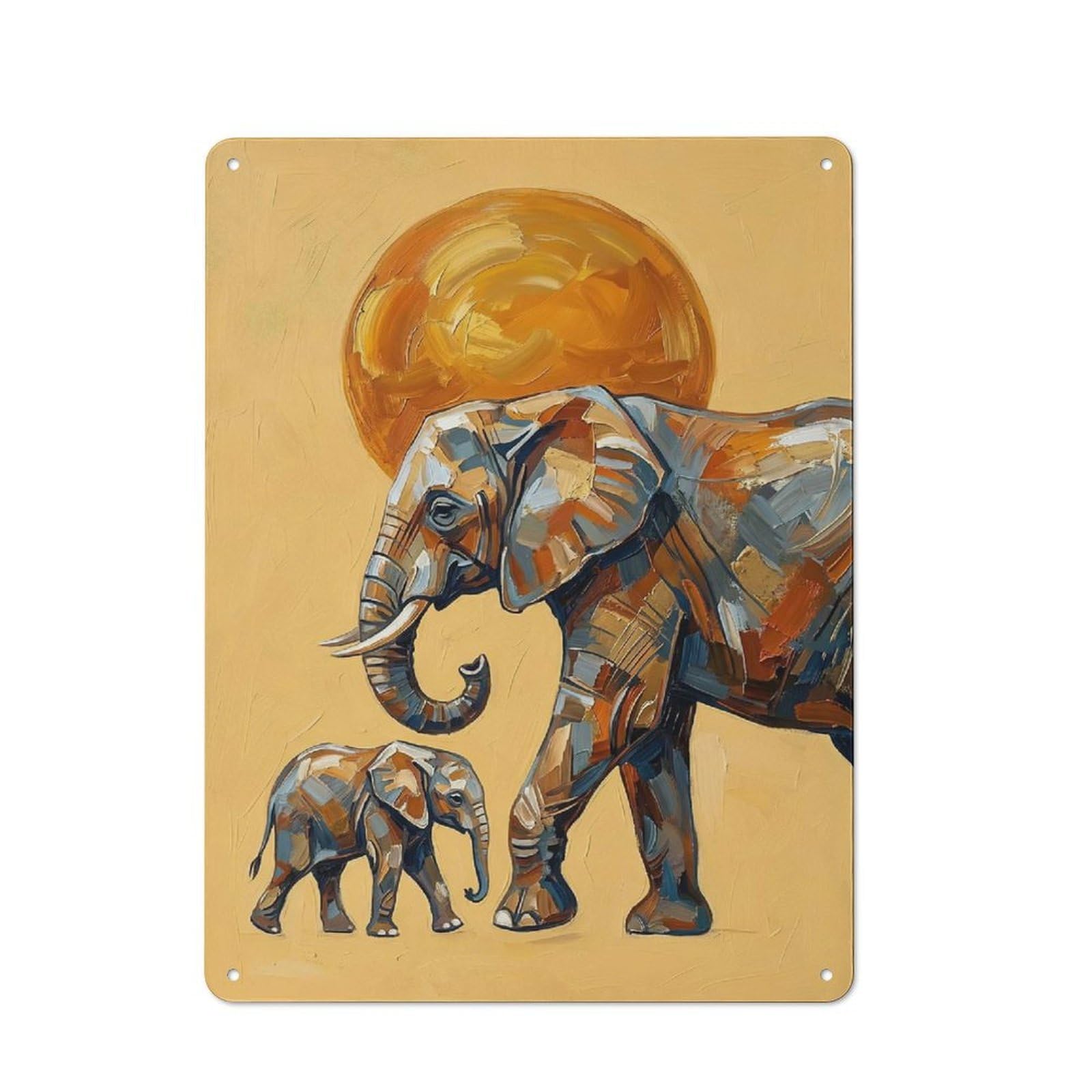 Junmoney Style 40X30cm Rustic Tin Sign With Elephants And Sun Painting For Home Office Or Studio, For Metal Sign Collectors, For Garage And Workshop Walls