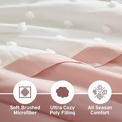 Miniatura 10 de Intelligent Design Juego de funda de edredón tamaño individual, juego de edredón jacquard recortado con detalles de pompones, funda de cama de