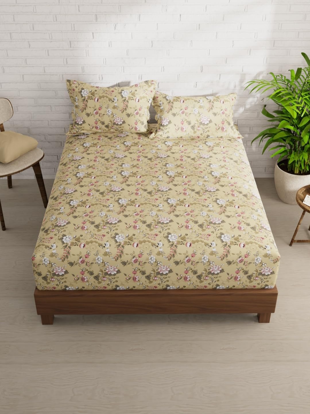 KOPA Extra Smooth Micro Double Bedsheet with 2 Pillow Covers -3pc Set (envogue) | Extra Smooth Cotton Feel - Glace Cotton | 1 Bedsheet with 2 King Size Pillow Covers Floral-Beige/Multi