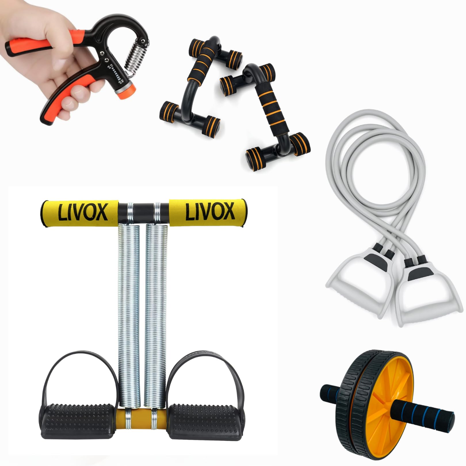 LIVOX Gym Equipment Set for Home Workout Combo Men Women Exercise Gym Kit – Includes Item (Push up bar,Toning tube-Tummy Trimmer-Ab roller-R hand grip)