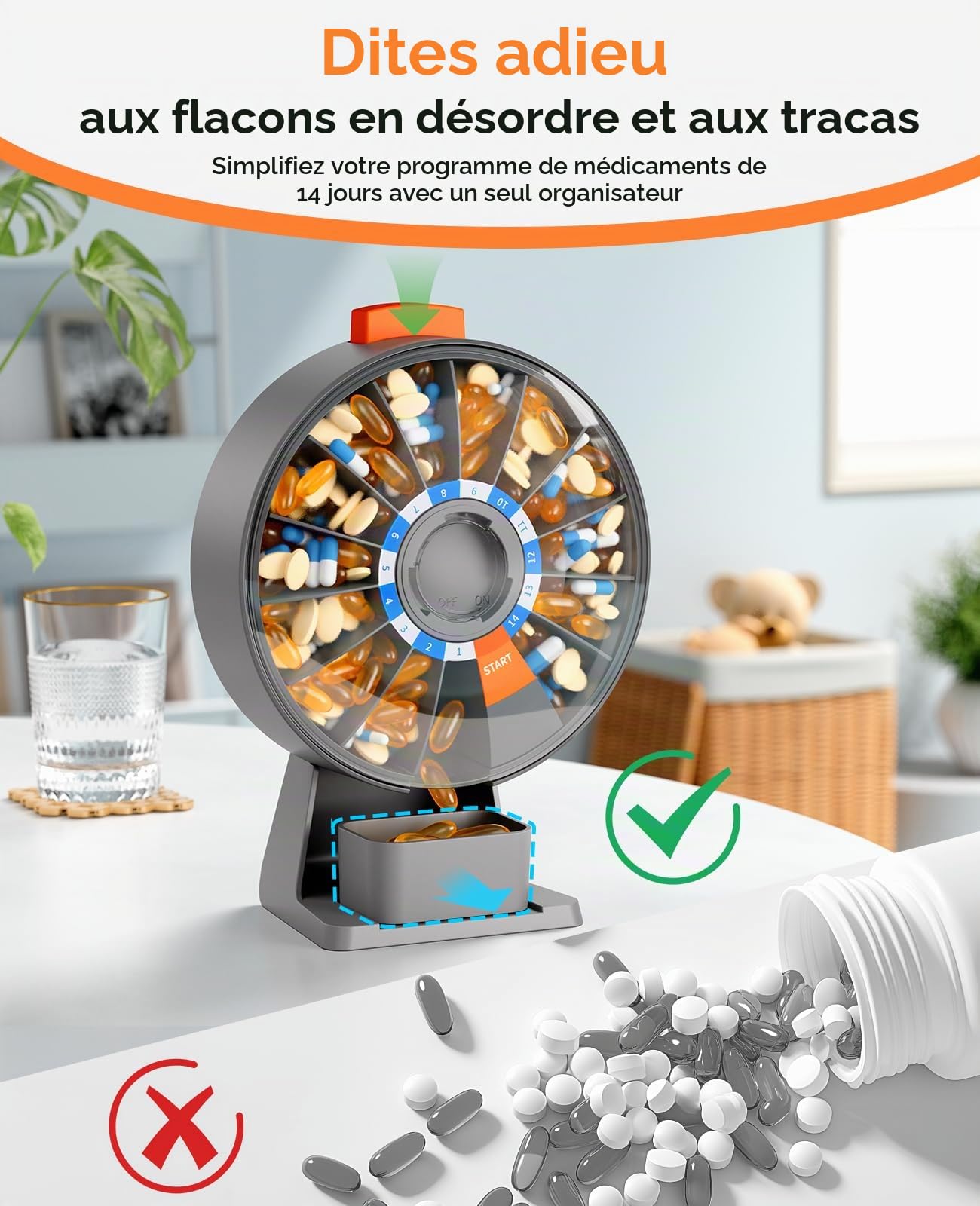 Daviky Grand pilulier quotidien avec fixation murale ou debout, design à bouton-poussoir, pour vitamines, médicaments, compléments, huile de poisson (gris)