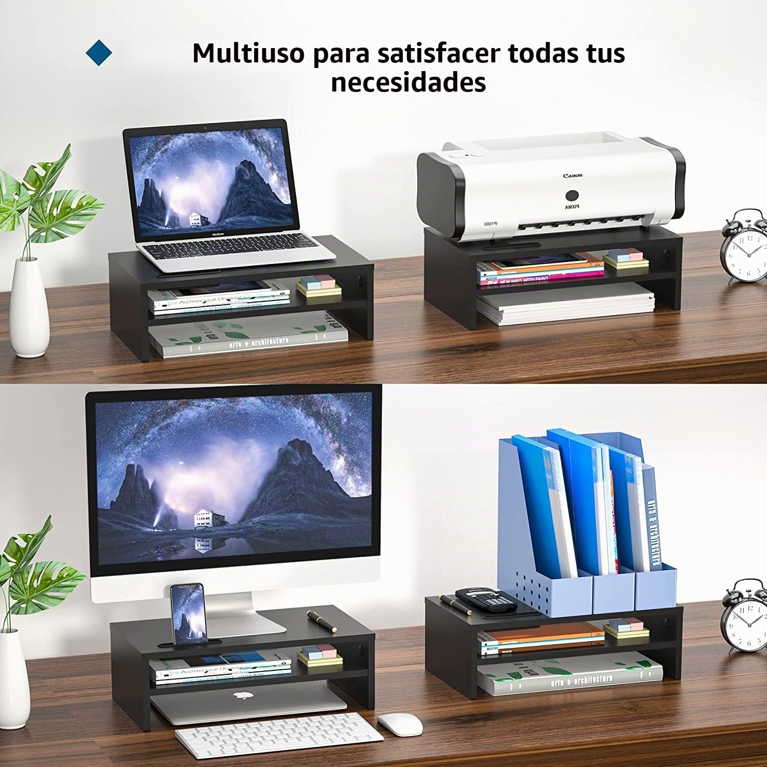 BONTEC Elevador Monitor Escritorio Madera, Soporte 2 Niveles Gestión Cables Ranura Móvil, 30 kg, Negro 420x235x142mm
