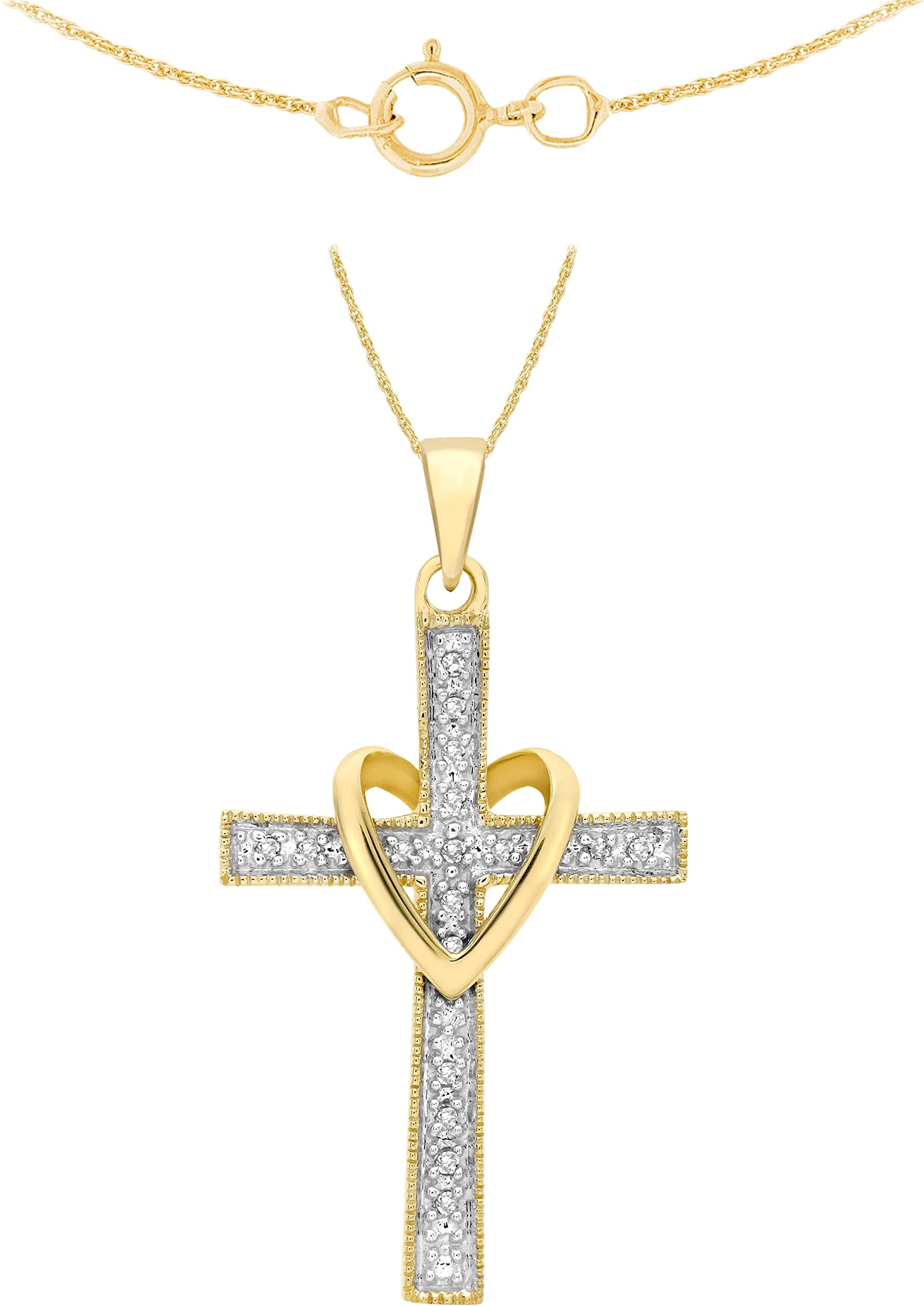 CARISSIMA Women's 9 ct Yellow Gold Diamond and Heart Cross Pendant on 0.4 mm Prince of Wales Chain Necklace of Length 46 cm/18 Inch