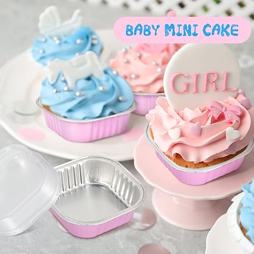 Miniatura 2 de Geiserailie 40 juegos de mini sartenes de aluminio con tapas, molde cuadrado de papel de aluminio para tartas de 4.4 fl oz4.4 onzas, moldes