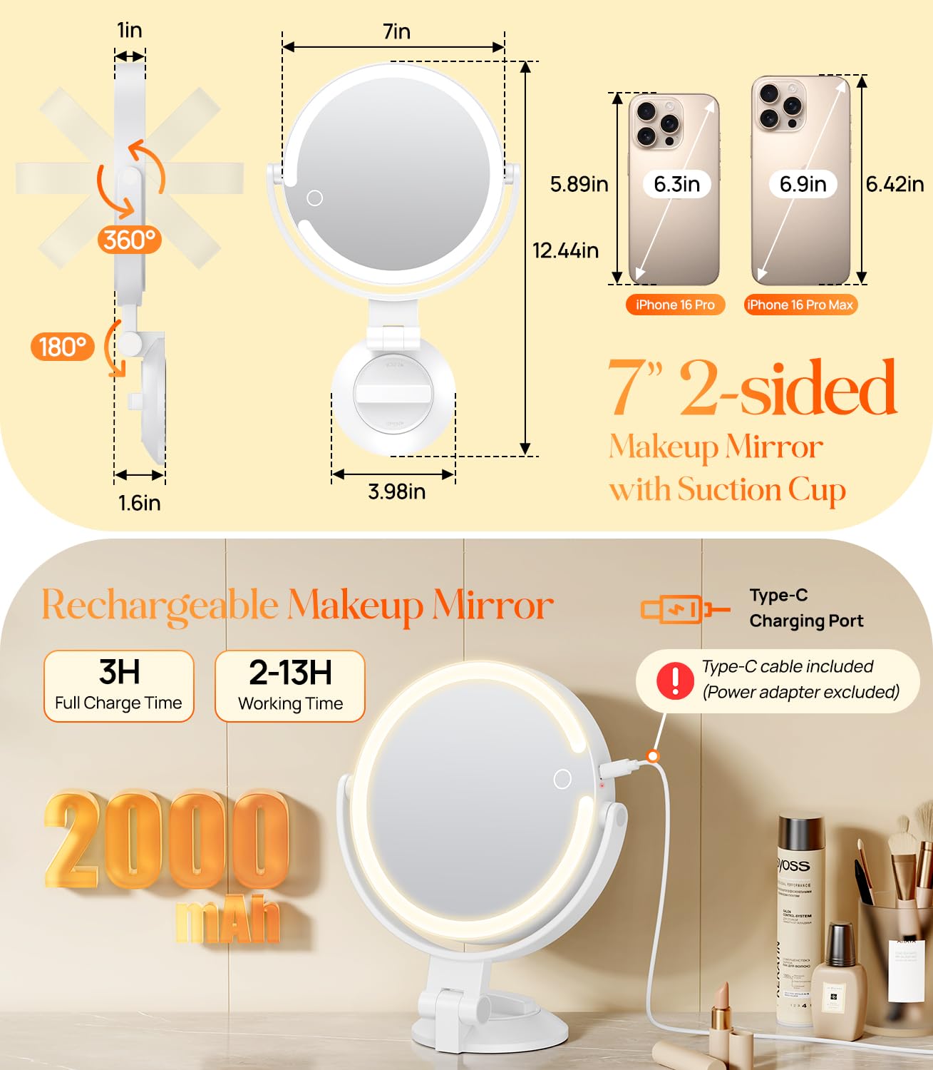 Gospire Espejo de maquillaje montado en la pared de 7 pulgadas con luces y aumento de 10X, espejo de baño iluminado de 3 colores con potente ventosa de bloqueo, afeitado para hombres, LED para