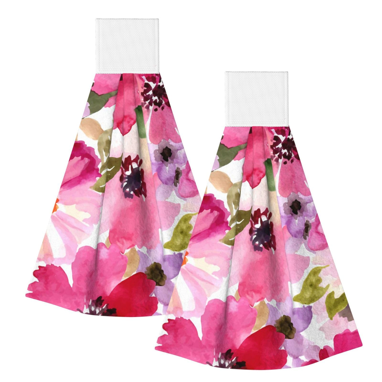 DOPKLNA Watercolor Flowers Pink Fuchsia, 2 Pcs Hanging Coral Fiber Hand Towels for Bathroom, Absorbent Kitchen Towels