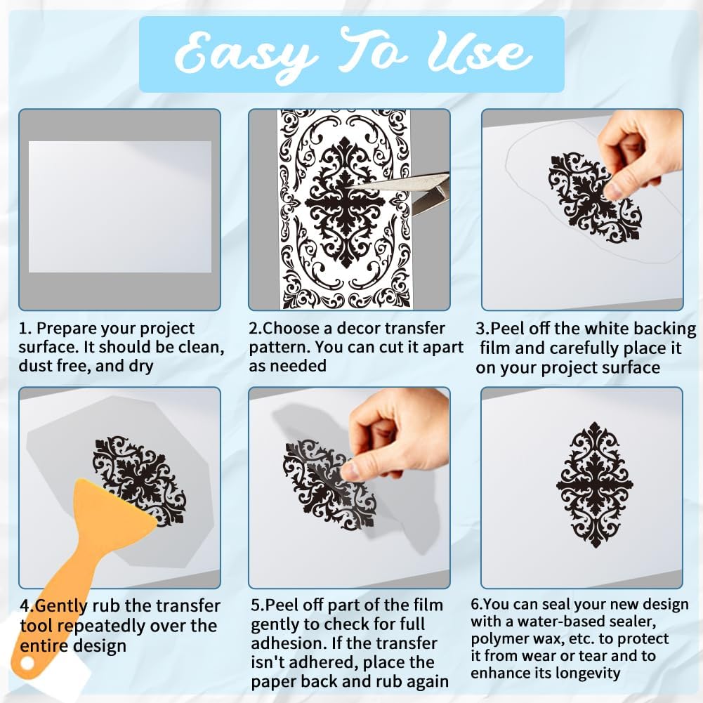 3 Sheets Black Damask Corner Rub on Transfers for Crafts, 12×6in