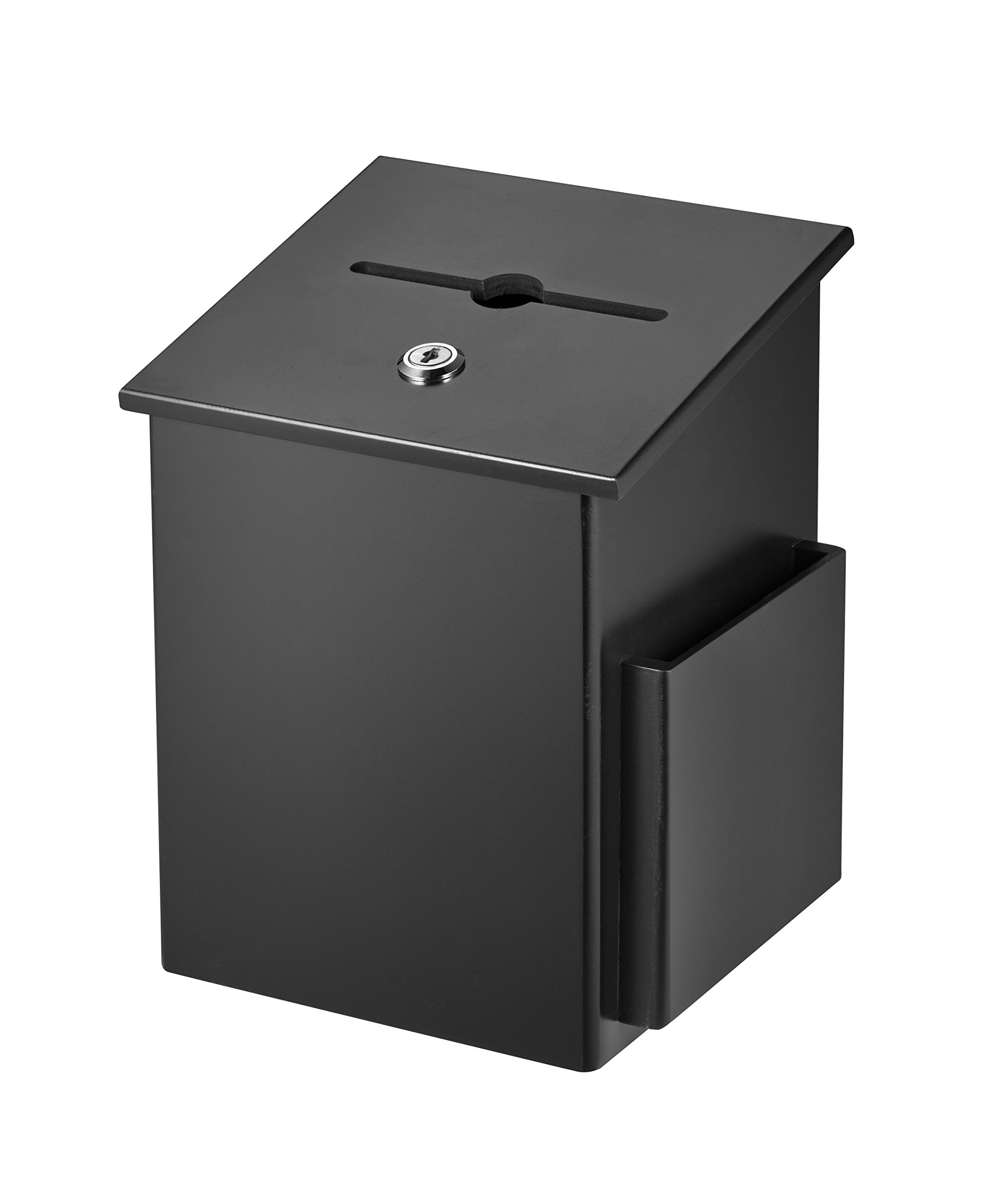 AdirOffice Square Wood Suggestion Box - Wall Mountable - With Lock & Chained Pen - Donation, Collection, Ballot, Key Drop, (Black)