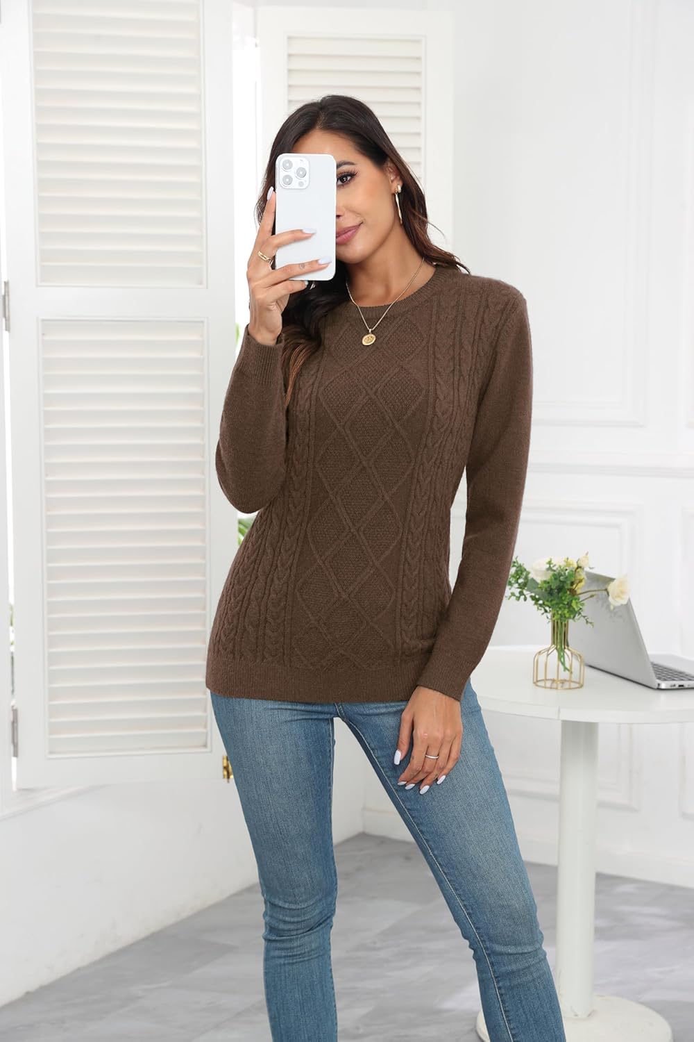 VIISHOW Women's Long Sleeve Cable Knit Pullover Sweater Cream Sweater Crew Neck Casual Fall Winter Chunky Knit Pullover Tops - Image 4