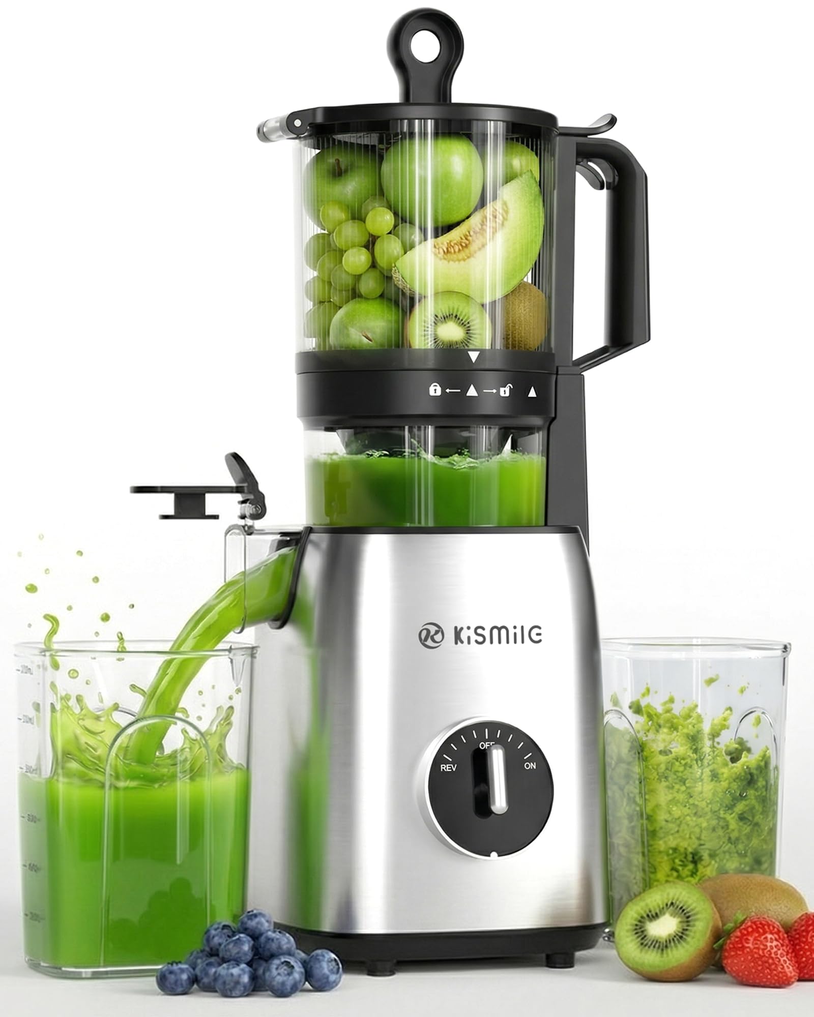 Kismile Entsafter, Slow Juicer mit 135mm extra großem Einfüllschacht, BPA-frei, Leicht zu reinigen, Entsafter für ganzes Obst und Gemüse, 300 Watt Motor & 1,2 L Saftbecher
